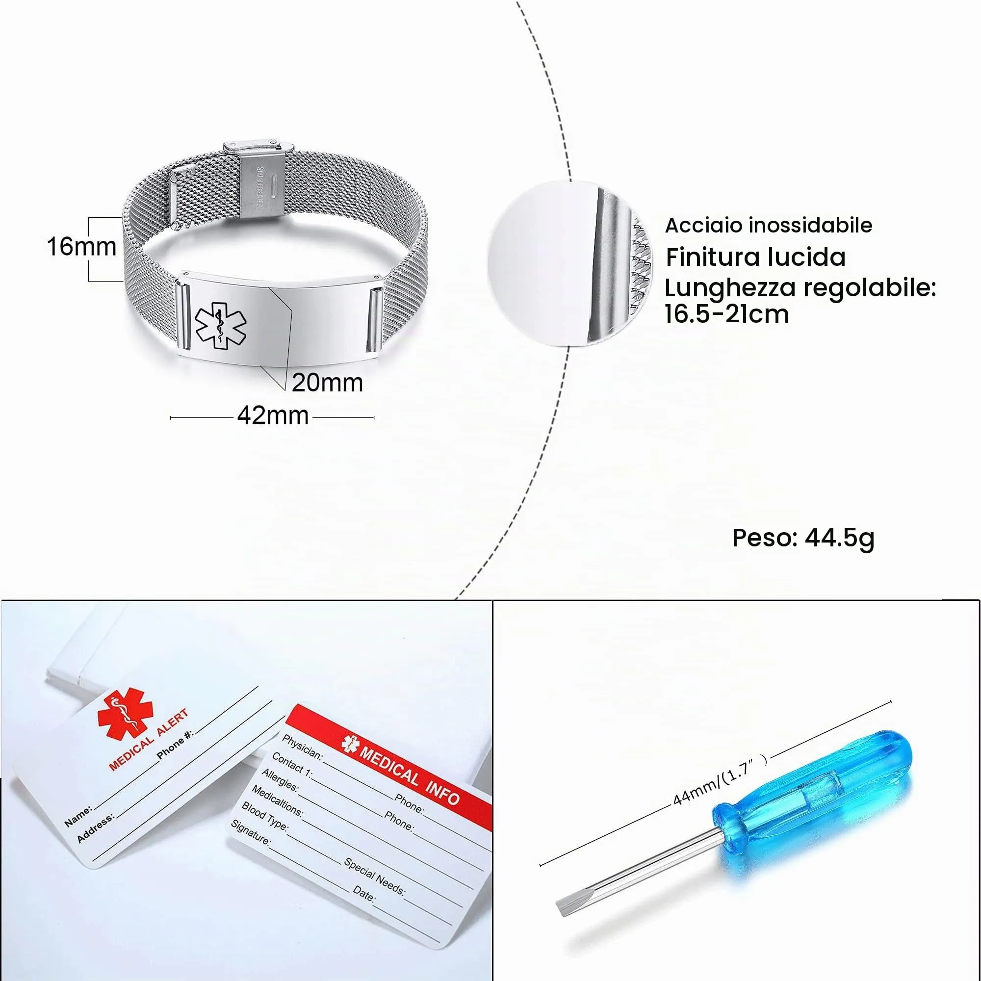 Vnox Bracciale di emergenza Bracciale medico personalizzato da donna: Bracciali identificativi personalizzati Bracciale medico regolabile da uomo in acciaio inossidabile con incisione - immagine 6