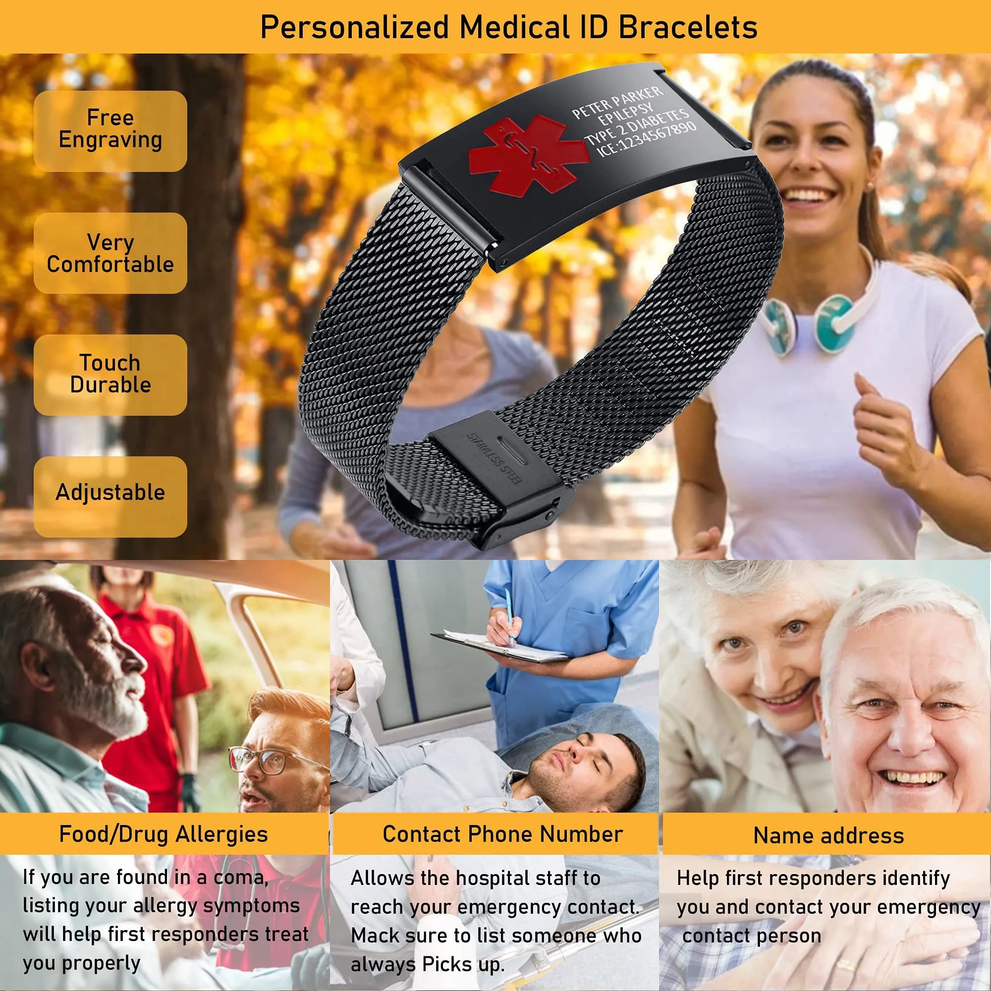 Bracciale Di Emergenza Bracciale Personalizzato Per Donne Mediche:VNOX Braccialetti ID Personalizzati Con Incisione Bracciale Medico Regolabile In Acciaio Inossidabile Da Uomo,Rosso Nero - immagine 2