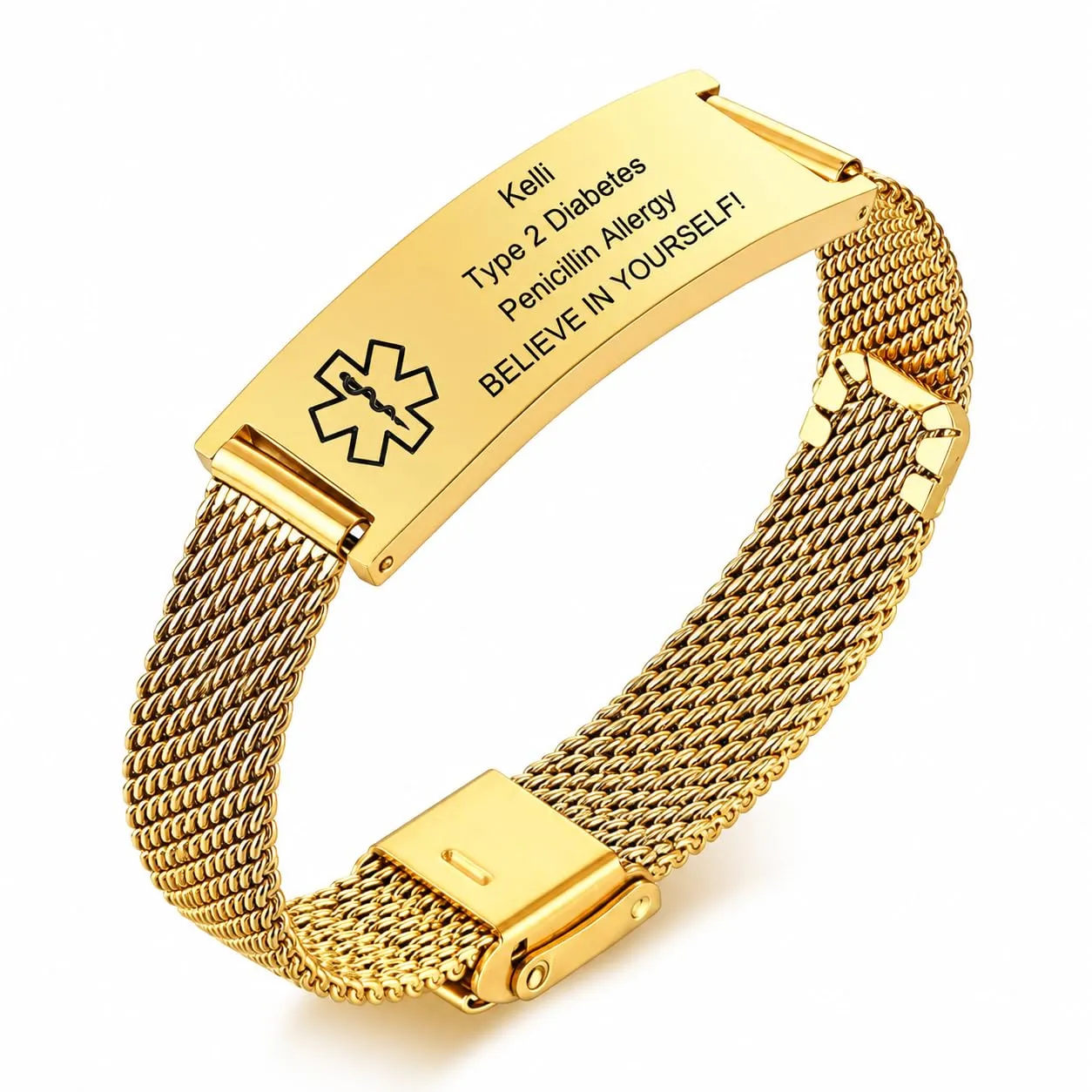 Bracciale Di Emergenza Bracciale Personalizzato Per Donne Mediche:VNOX Braccialetti ID Personalizzati Con Incisione Bracciale Medico Regolabile In Acciaio Inossidabile Da Uomo,oro - immagine 1