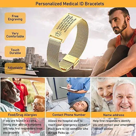 Bracciale Di Emergenza Bracciale Personalizzato Per Donne Mediche:VNOX Braccialetti ID Personalizzati Con Incisione Bracciale Medico Regolabile In Acciaio Inossidabile Da Uomo,oro - immagine 2