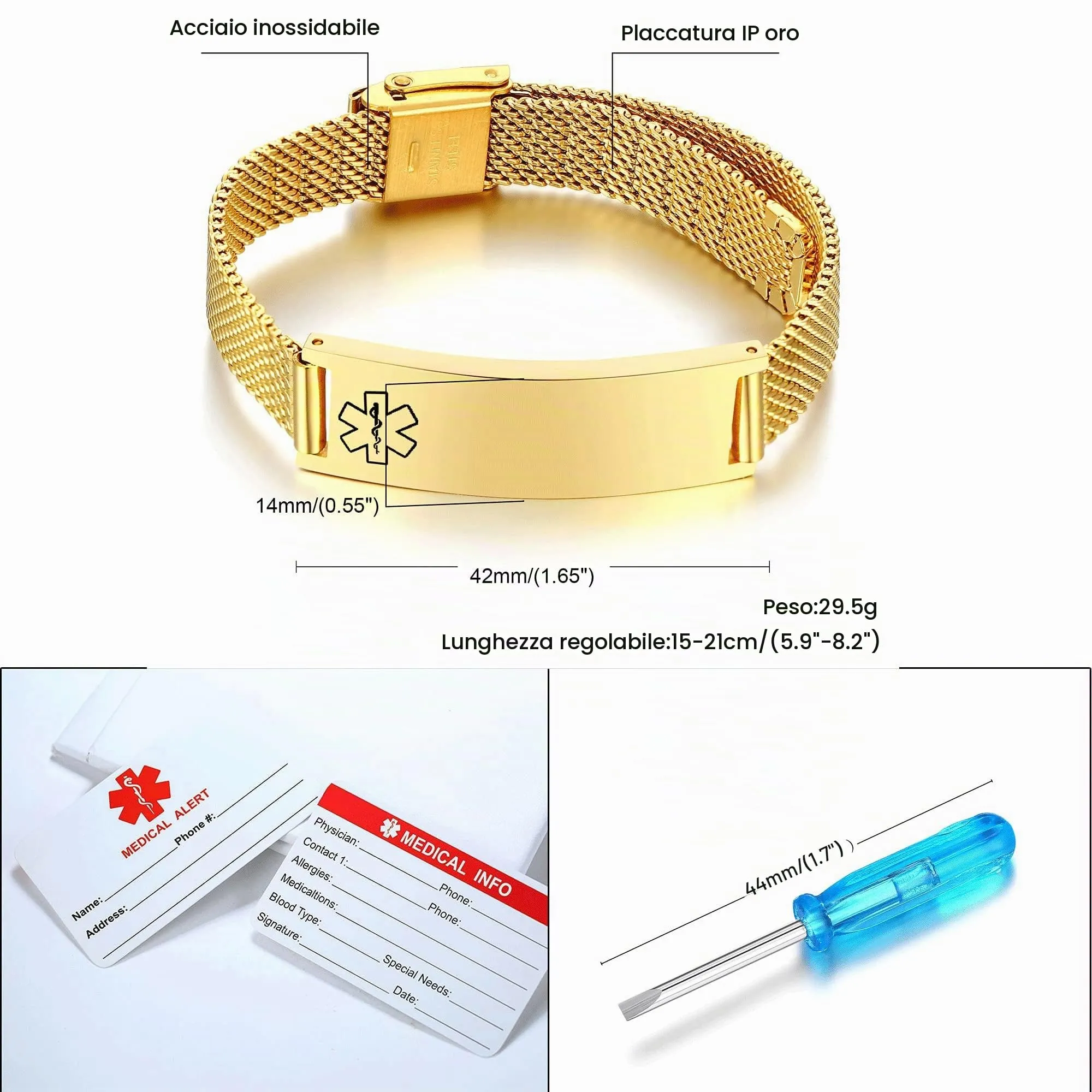 Bracciale Di Emergenza Bracciale Personalizzato Per Donne Mediche:VNOX Braccialetti ID Personalizzati Con Incisione Bracciale Medico Regolabile In Acciaio Inossidabile Da Uomo,oro - immagine 6