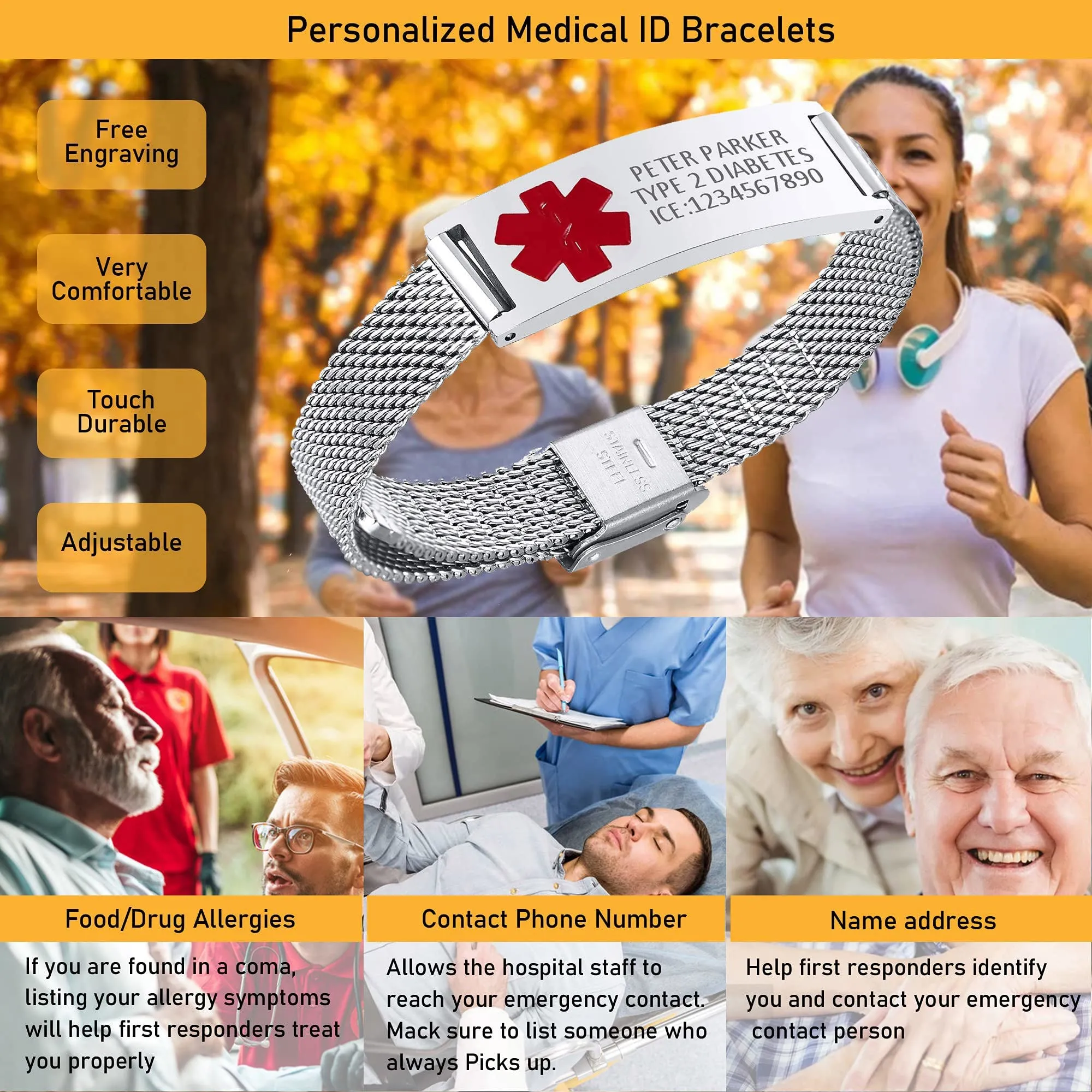 Vnox Bracciale Di Emergenza Bracciale Medico Personalizzato Da Donna Braccialetti ID Personalizzati Con Incisione Bracciale Medico Regolabile In Acciaio Inossidabile Da Uomo, Argento Rosso - immagine 2