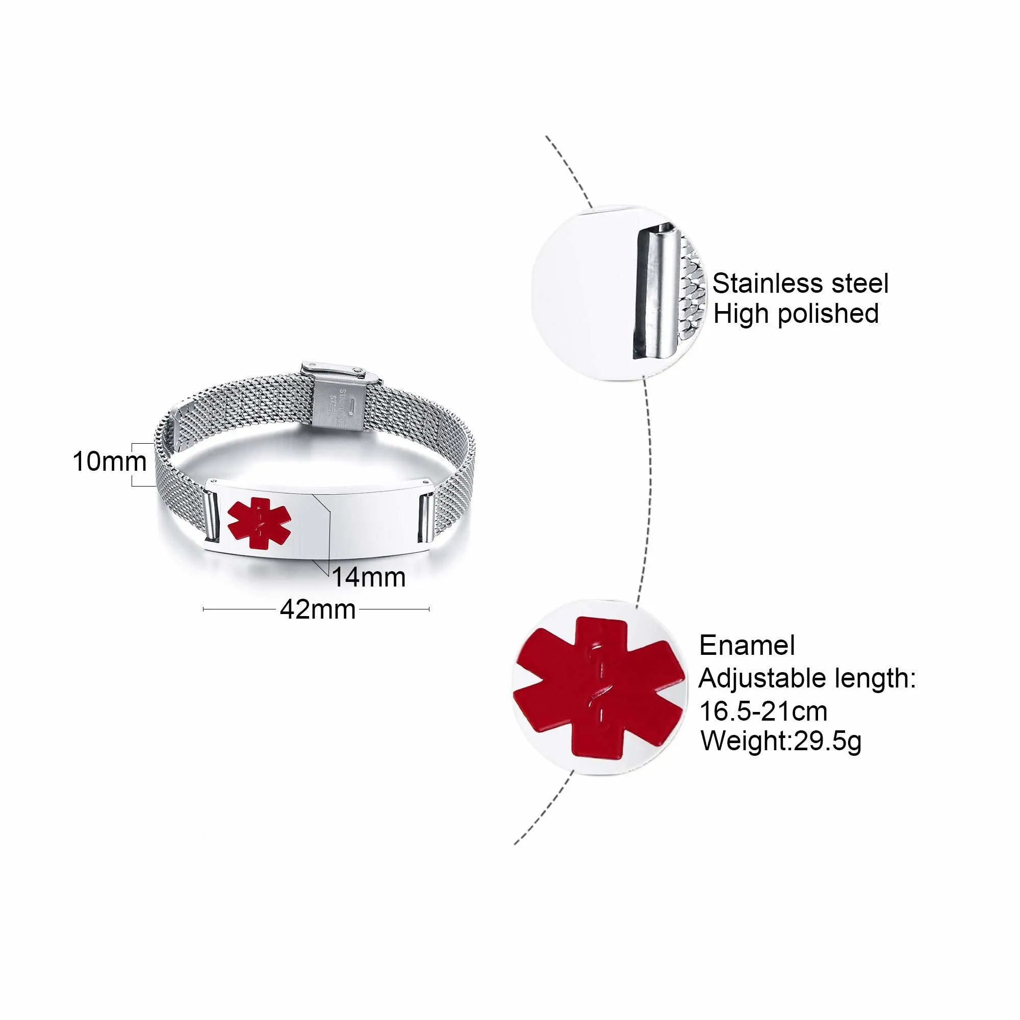 Vnox Bracciale Di Emergenza Bracciale Medico Personalizzato Da Donna Braccialetti ID Personalizzati Con Incisione Bracciale Medico Regolabile In Acciaio Inossidabile Da Uomo, Argento Rosso - immagine 5