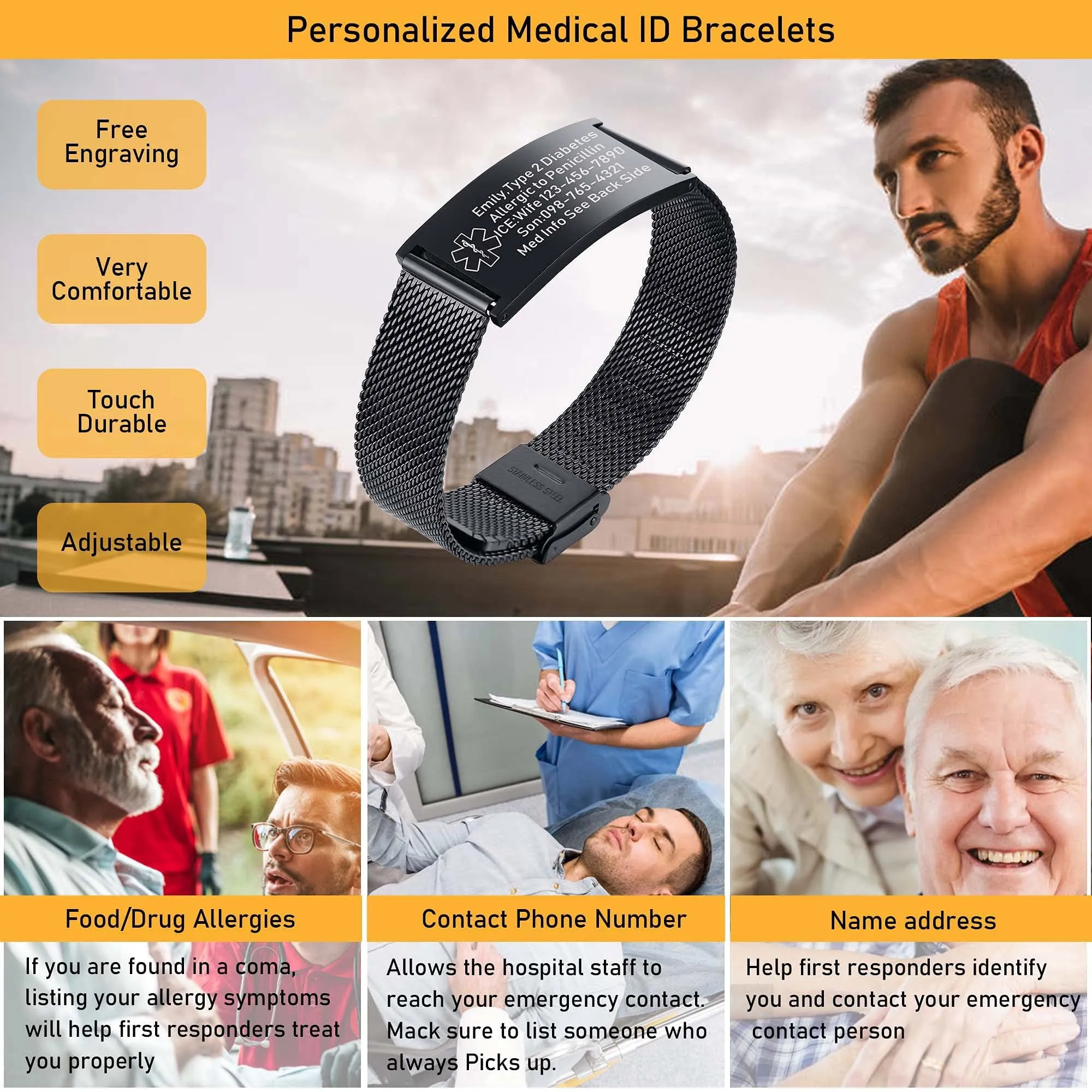 Vnox Bracciale di Emergenza Medico Personalizzato da Donna: Braccialetti Identificativi Personalizzati Incisione Bracciale Medico Regolabile da Uomo in Acciaio Inossidabile - immagine 2