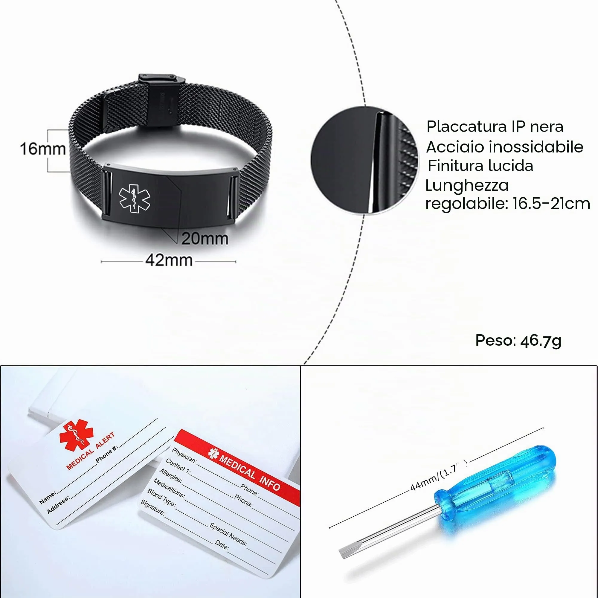 Vnox Bracciale di Emergenza Medico Personalizzato da Donna: Braccialetti Identificativi Personalizzati Incisione Bracciale Medico Regolabile da Uomo in Acciaio Inossidabile - immagine 4
