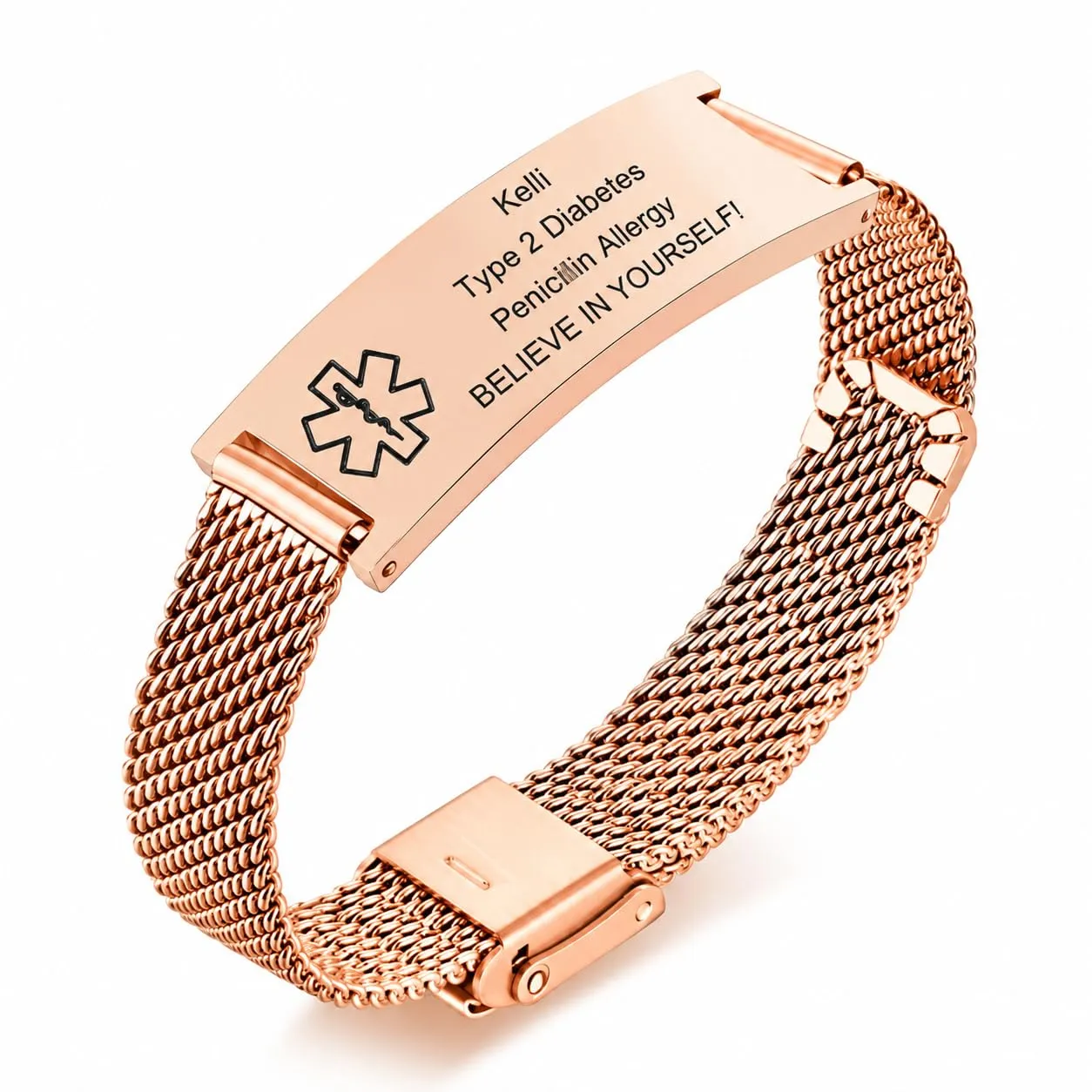 Bracciale di Emergenza Bracciale Personalizzato per Donne Mediche:VNOX Braccialetti ID Personalizzati con Incisione Bracciale Medico Regolabile in Acciaio Inossidabile da Uomo,Oro Rosa - immagine 1