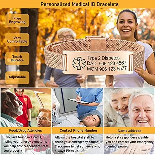 Bracciale di Emergenza Bracciale Personalizzato per Donne Mediche:VNOX Braccialetti ID Personalizzati con Incisione Bracciale Medico Regolabile in Acciaio Inossidabile da Uomo,Oro Rosa - immagine 2