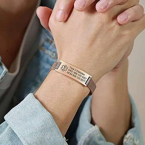 Bracciale di Emergenza Bracciale Personalizzato per Donne Mediche:VNOX Braccialetti ID Personalizzati con Incisione Bracciale Medico Regolabile in Acciaio Inossidabile da Uomo,Oro Rosa - immagine 4