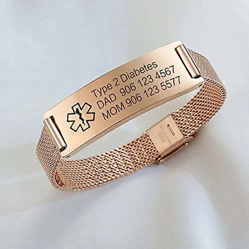 Bracciale di Emergenza Bracciale Personalizzato per Donne Mediche:VNOX Braccialetti ID Personalizzati con Incisione Bracciale Medico Regolabile in Acciaio Inossidabile da Uomo,Oro Rosa - immagine 5