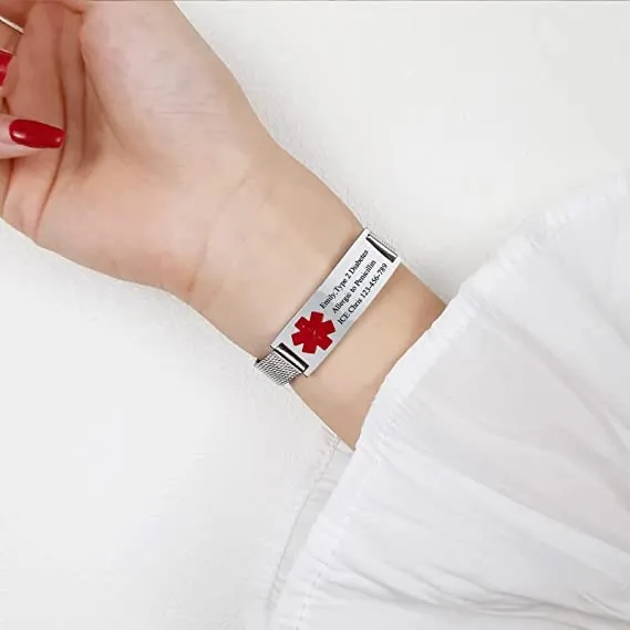 Bracciale Di Emergenza Bracciale Personalizzato Per Donne Mediche:VNOX Braccialetti ID Personalizzati Con Incisione Bracciale Medico Regolabile In Acciaio Inossidabile Da Uomo,Argento Rosso - immagine 2