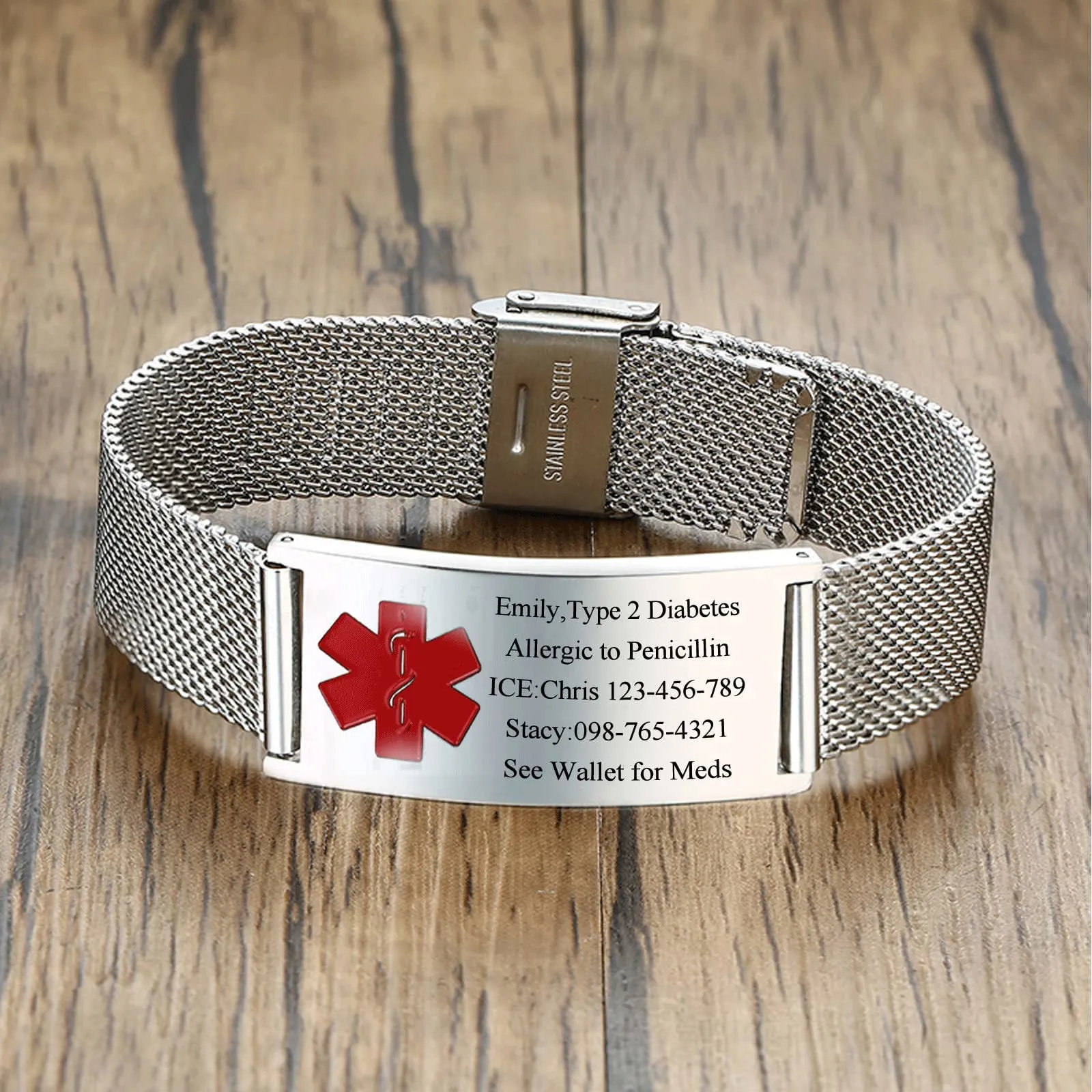 Bracciale Di Emergenza Bracciale Personalizzato Per Donne Mediche:VNOX Braccialetti ID Personalizzati Con Incisione Bracciale Medico Regolabile In Acciaio Inossidabile Da Uomo,Argento Rosso - immagine 4