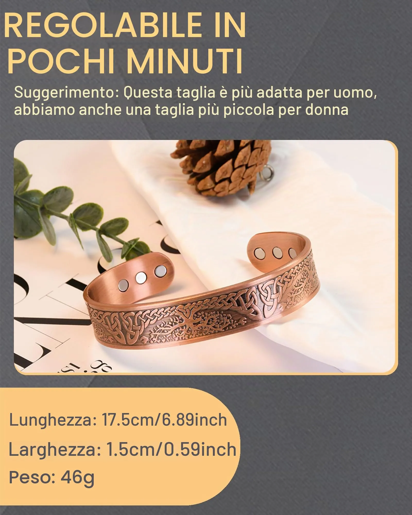 Jeracol - Braccialetto magnetico in rame per uomo e donna, Albero della Vita, 100% rame massiccio, bracciale con 6 magneti da 3500 Gauss, dimensione regolabile, Brazaletes, con scatola regalo per - immagine 6