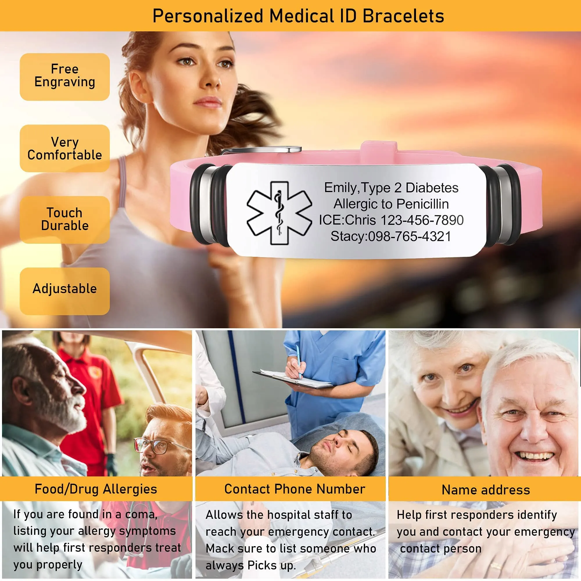 Vnox Bracciale di emergenza Medical Girl Bracciale personalizzato: Bracciali ID personalizzati incisione Bracciale medico regolabile in acciaio inossidabile da uomo - immagine 2