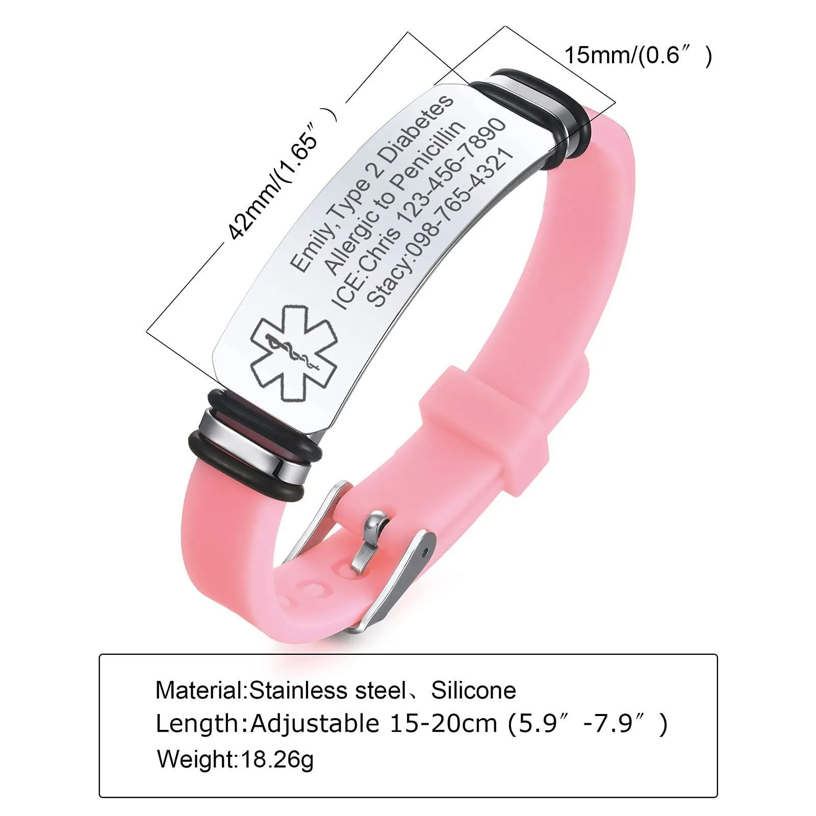 Vnox Bracciale di emergenza Medical Girl Bracciale personalizzato: Bracciali ID personalizzati incisione Bracciale medico regolabile in acciaio inossidabile da uomo - immagine 7
