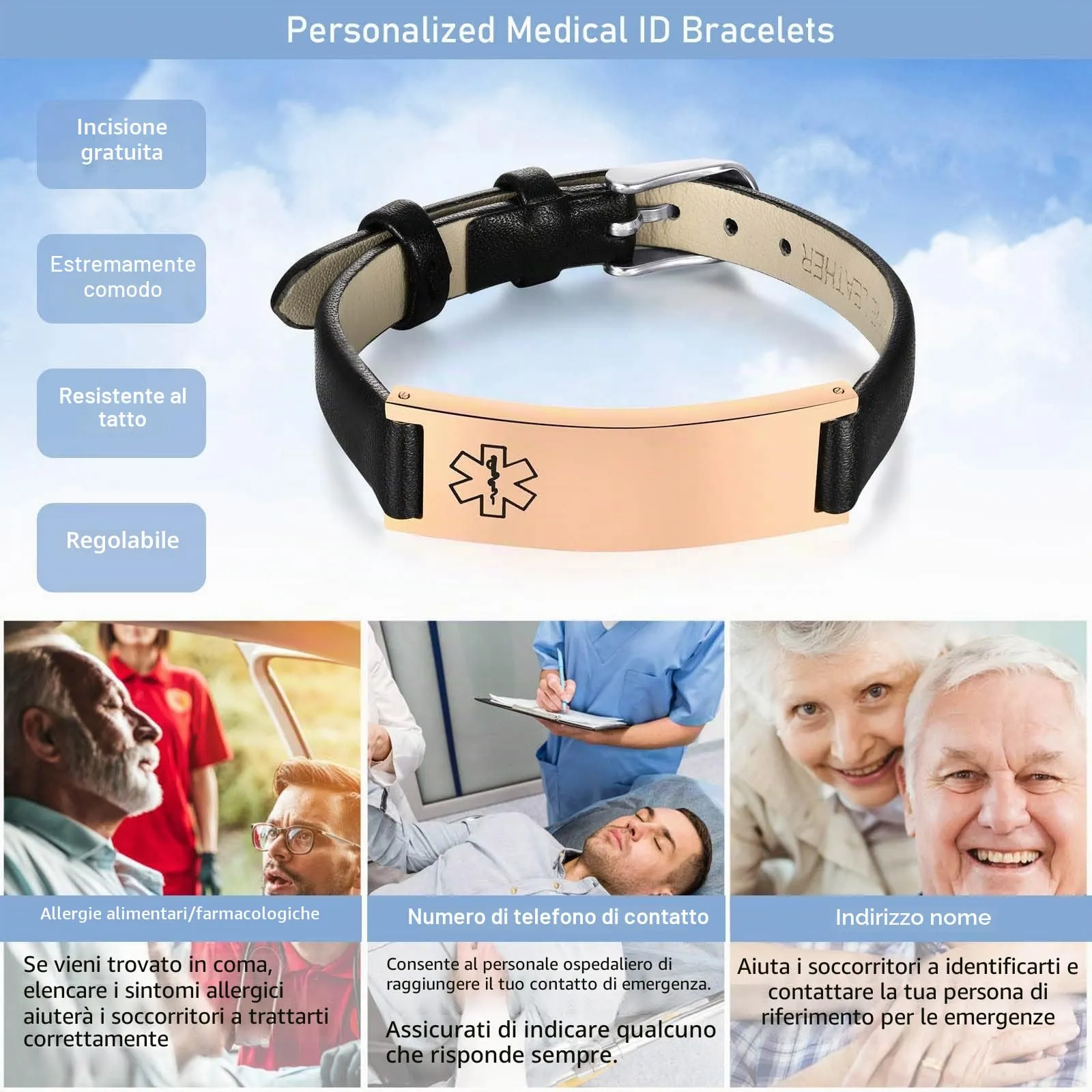 Vnox Bracciale di emergenza per ragazze mediche Cinturino personalizzato: Bracciali identificativi in ​​pelle personalizzati incisione Bracciale medico regolabile in acciaio inossidabile da donna - immagine 2