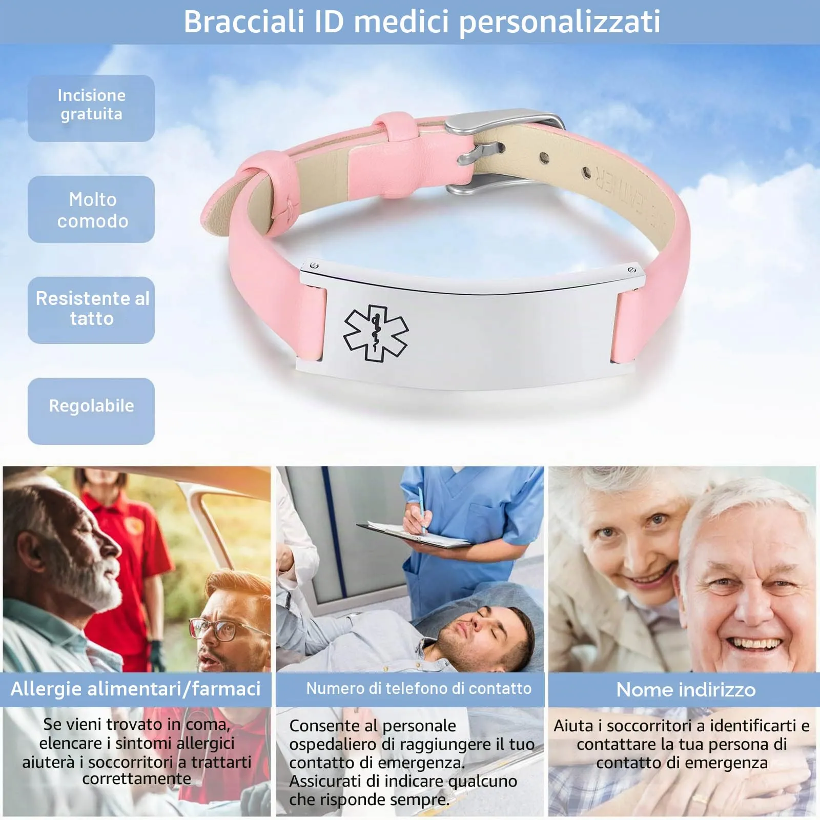 Vnox Bracciale di Emergenza Medica per Ragazze Bracciale Personalizzato: Bracciali identificativi in ​​Pelle Personalizzati Incisione Bracciale Medico Regolabile in Acciaio Inossidabile da Donna - immagine 2