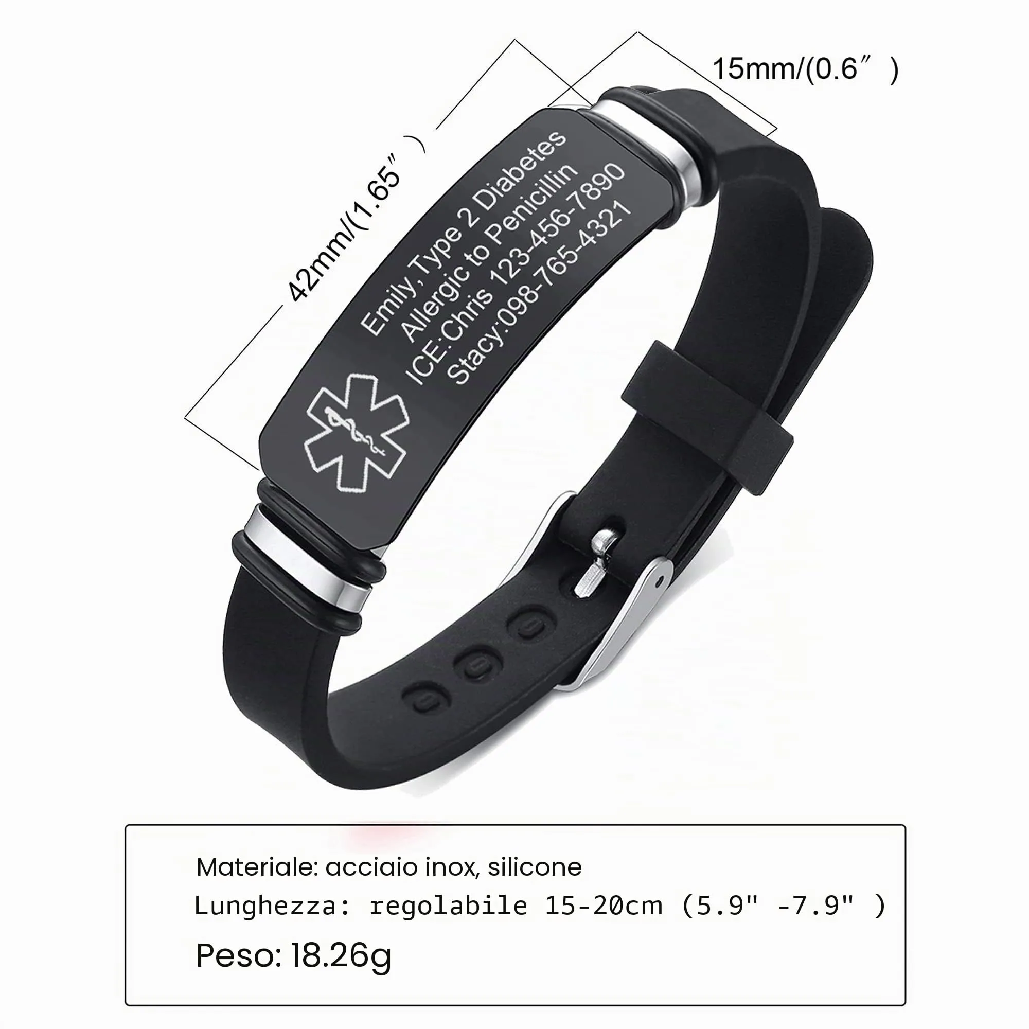 Vnox Bracciale di Emergenza Medica per Ragazze Bracciale Personalizzato: Bracciali identificativi in ​​Pelle Personalizzati Incisione Bracciale Medico Regolabile in Acciaio Inossidabile da Donna - immagine 6
