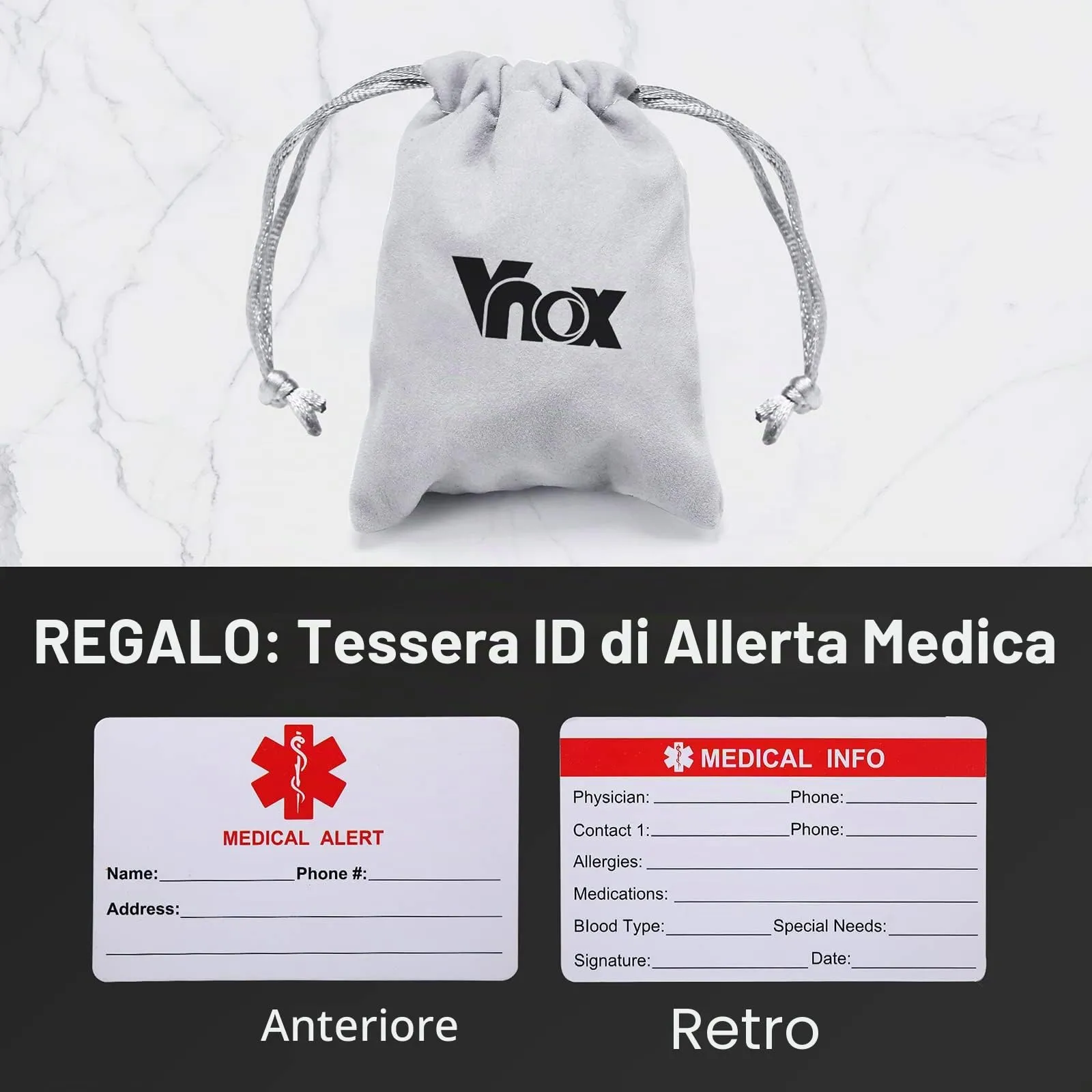 Vnox Bracciale di Emergenza Medica per Ragazze Bracciale Personalizzato: Bracciali identificativi in ​​Pelle Personalizzati Incisione Bracciale Medico Regolabile in Acciaio Inossidabile da Donna - immagine 7