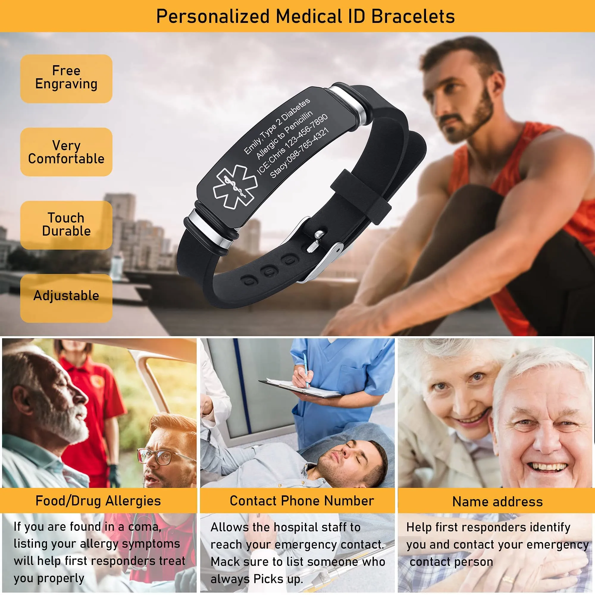 Vnox Bracciale di Emergenza Medical Boy Bracciale Personalizzato: Bracciali ID Personalizzati Incisione Bracciale Medico Regolabile in Acciaio Inossidabile da Uomo - immagine 2