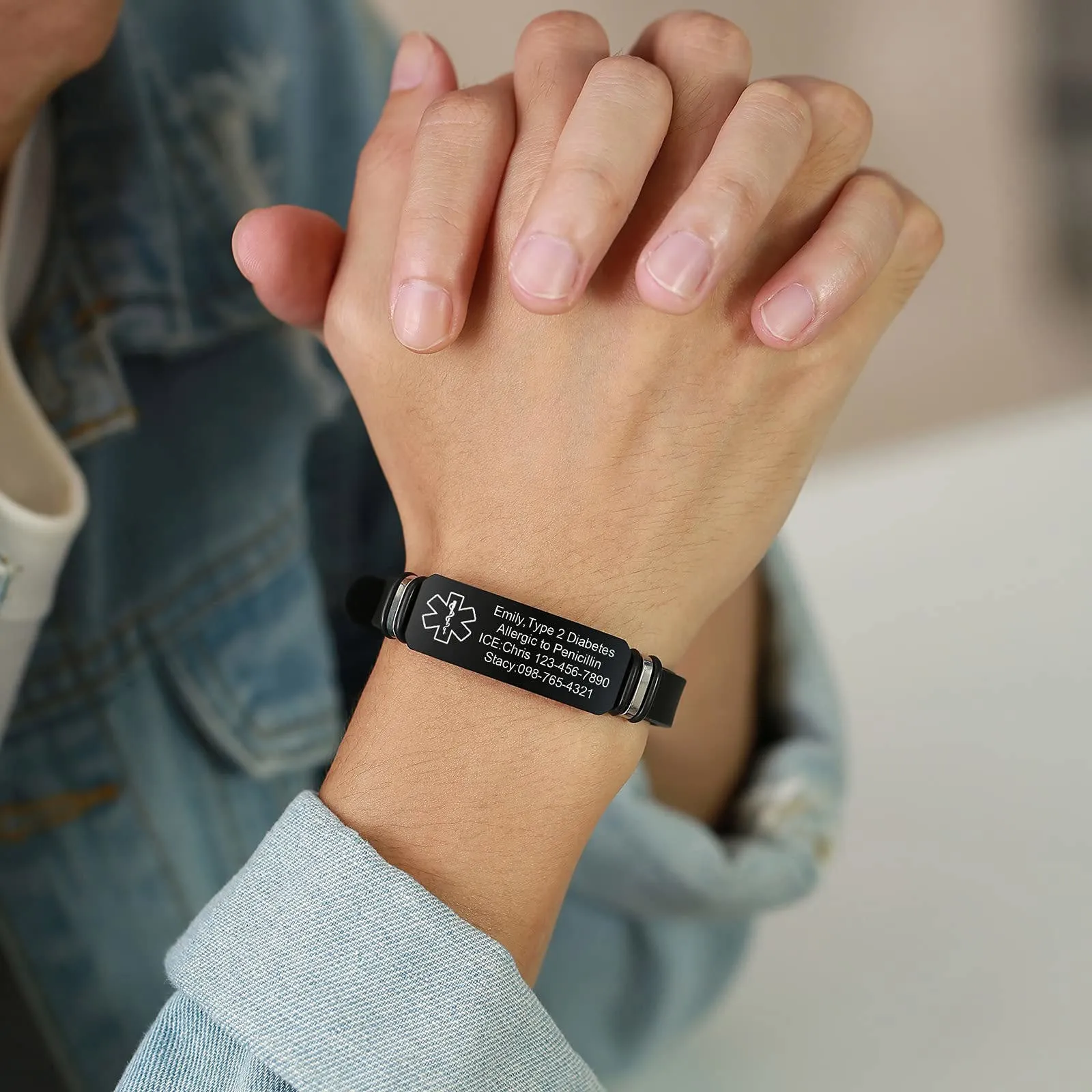 Vnox Bracciale di Emergenza Medical Boy Bracciale Personalizzato: Bracciali ID Personalizzati Incisione Bracciale Medico Regolabile in Acciaio Inossidabile da Uomo - immagine 4