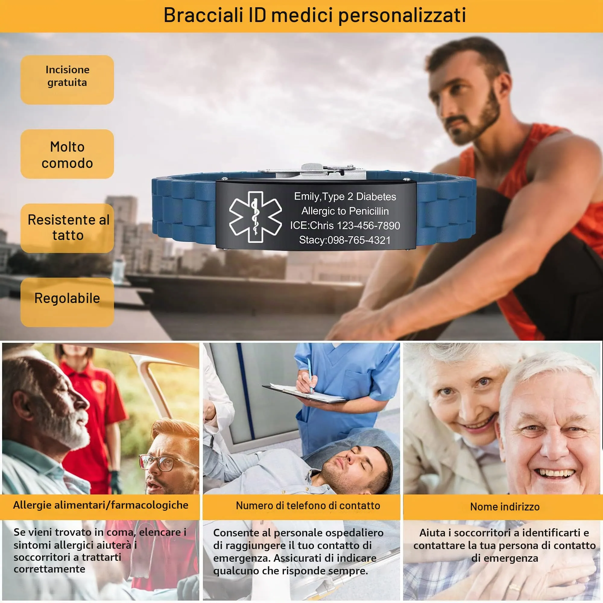 Vnox Braccialetto di emergenza medica da uomo Cinturino personalizzato Braccialetti personalizzati in silicone con incisione Bracciale medico regolabile da uomo in acciaio inossidabile - immagine 2