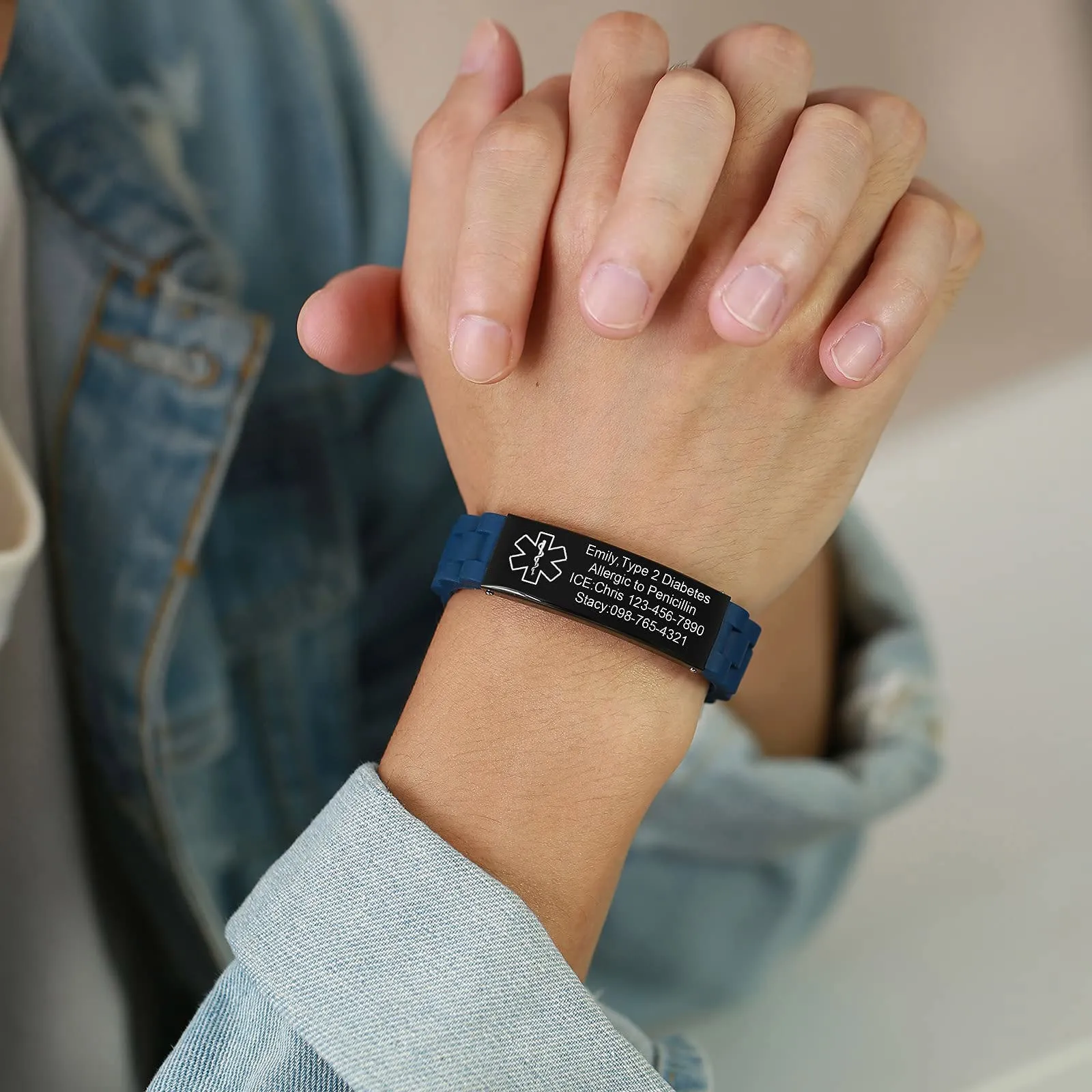 Vnox Braccialetto di emergenza medica da uomo Cinturino personalizzato Braccialetti personalizzati in silicone con incisione Bracciale medico regolabile da uomo in acciaio inossidabile - immagine 3