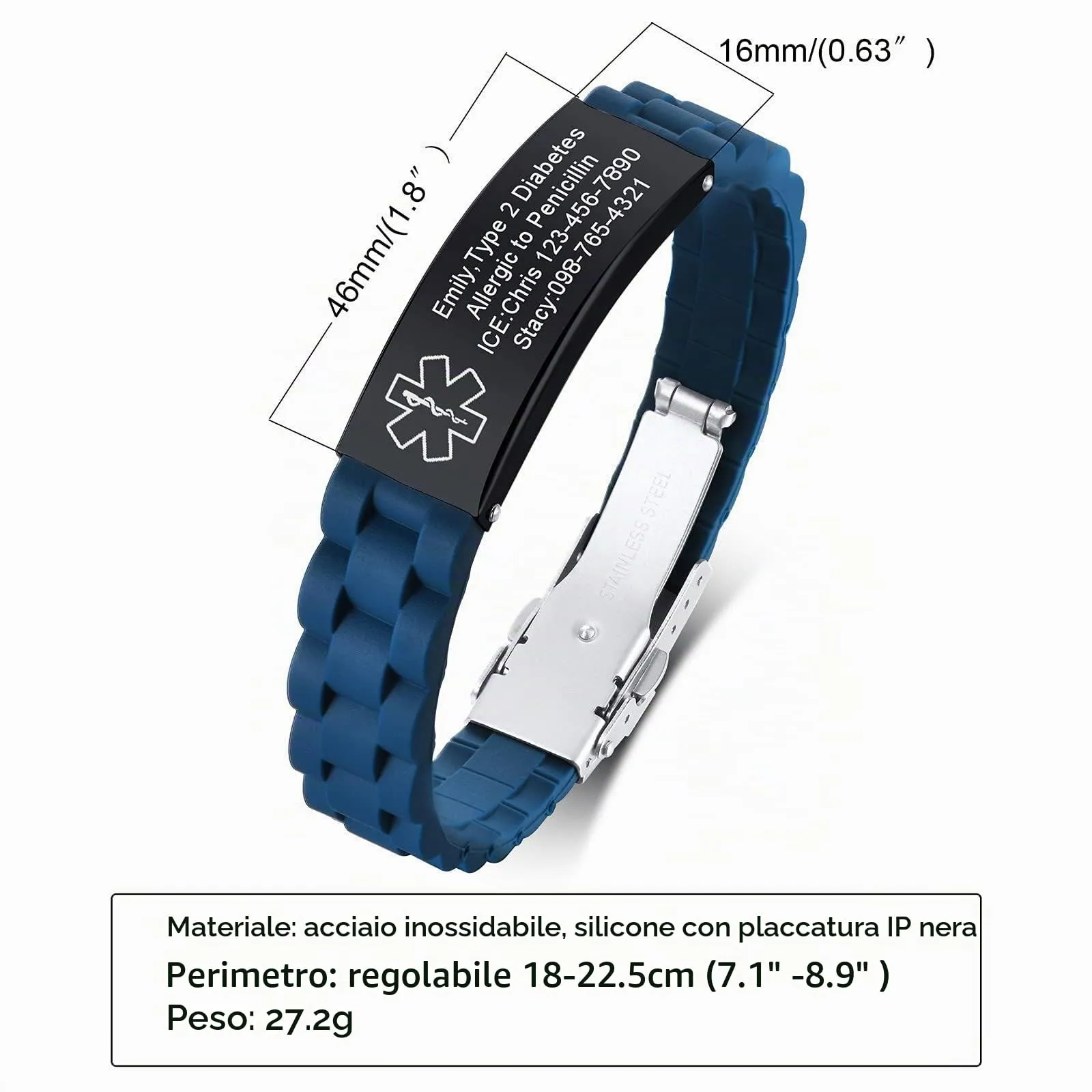 Vnox Braccialetto di emergenza medica da uomo Cinturino personalizzato Braccialetti personalizzati in silicone con incisione Bracciale medico regolabile da uomo in acciaio inossidabile - immagine 5