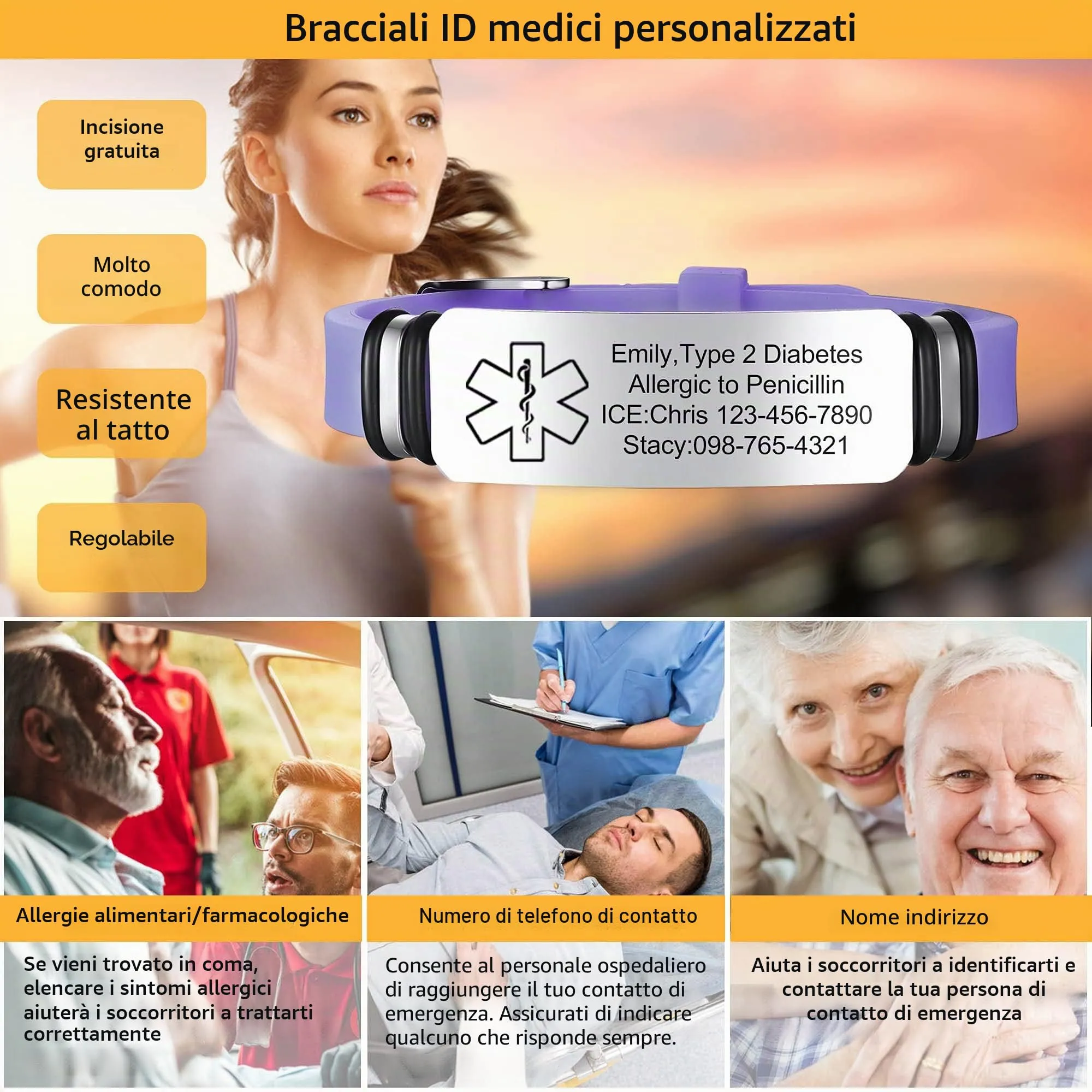 Vnox Bracciale di Emergenza Personalizzato per Ragazze Mediche: Bracciali Identificativi in Silicone con Incisione, Regolabile in Acciaio Inossidabile da Donna - immagine 2
