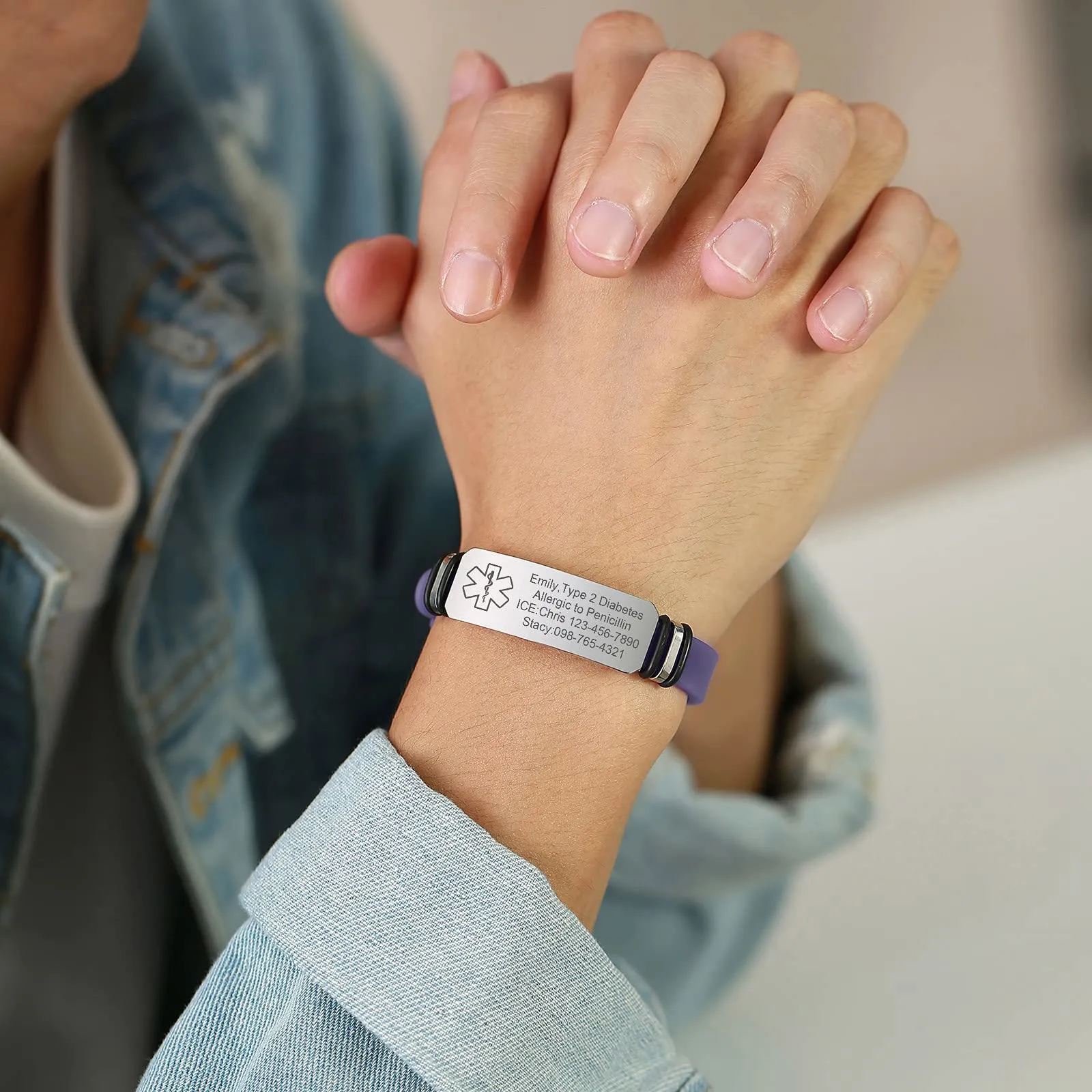 Vnox Bracciale di Emergenza Personalizzato per Ragazze Mediche: Bracciali Identificativi in Silicone con Incisione, Regolabile in Acciaio Inossidabile da Donna - immagine 3