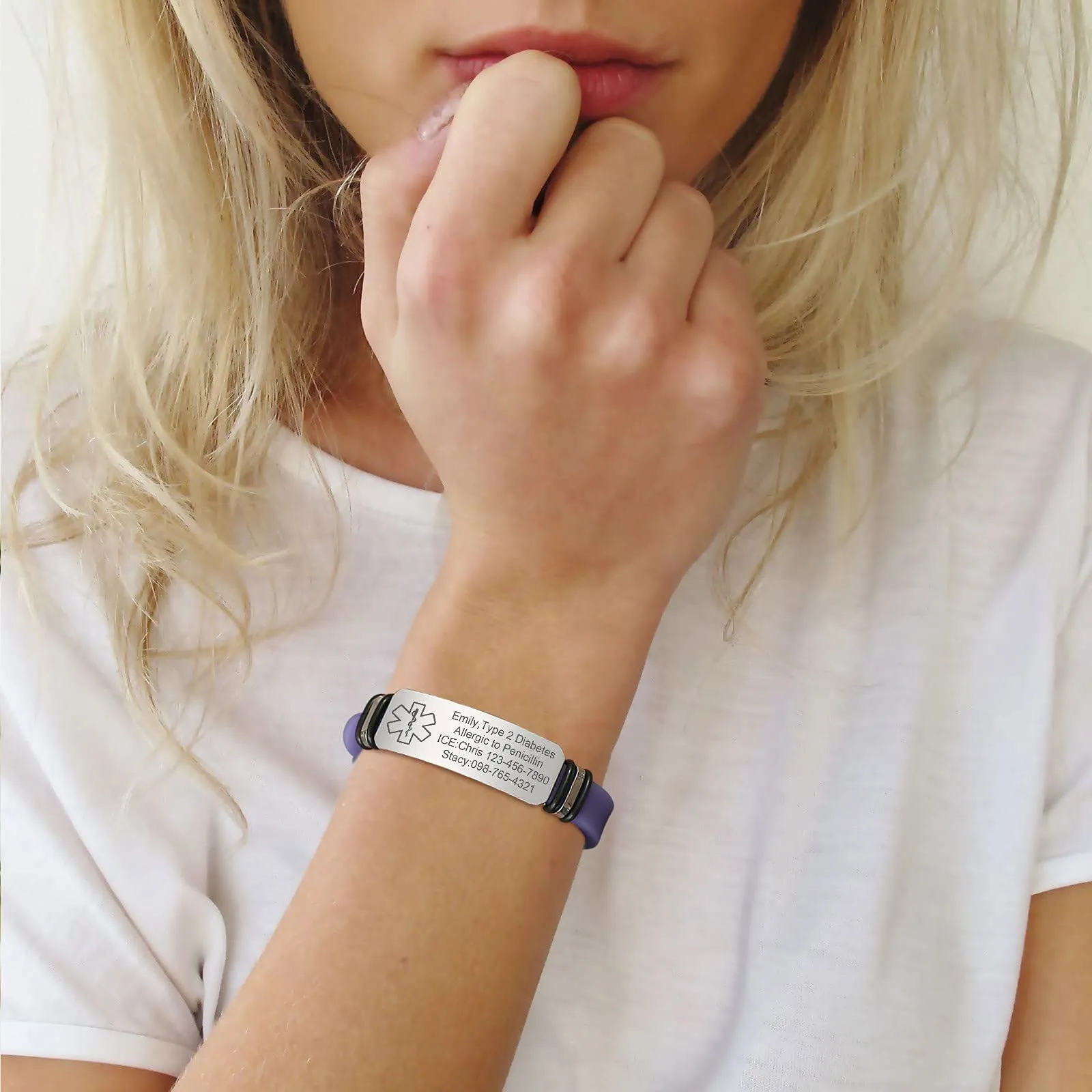 Vnox Bracciale di Emergenza Personalizzato per Ragazze Mediche: Bracciali Identificativi in Silicone con Incisione, Regolabile in Acciaio Inossidabile da Donna - immagine 4