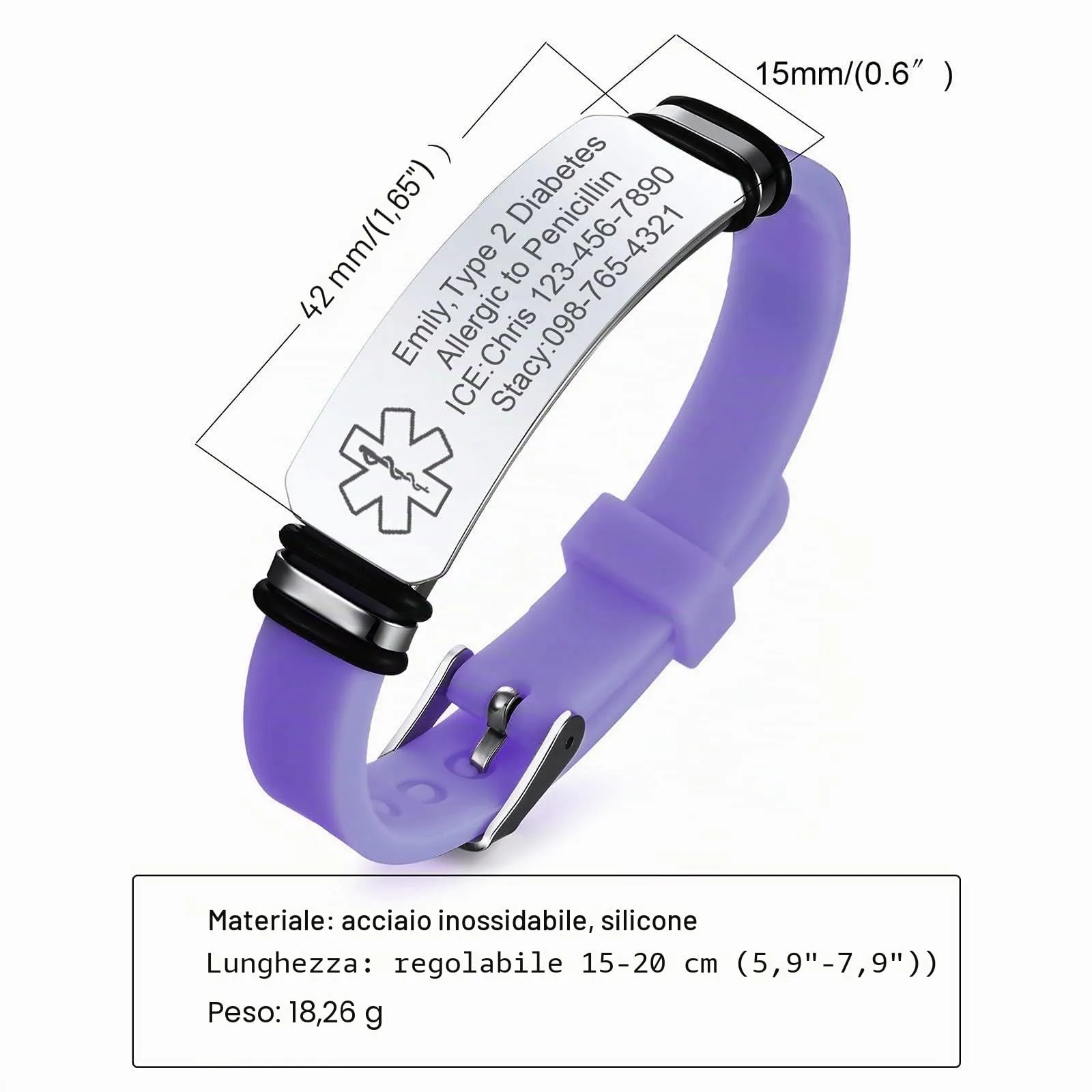 Vnox Bracciale di Emergenza Personalizzato per Ragazze Mediche: Bracciali Identificativi in Silicone con Incisione, Regolabile in Acciaio Inossidabile da Donna - immagine 5