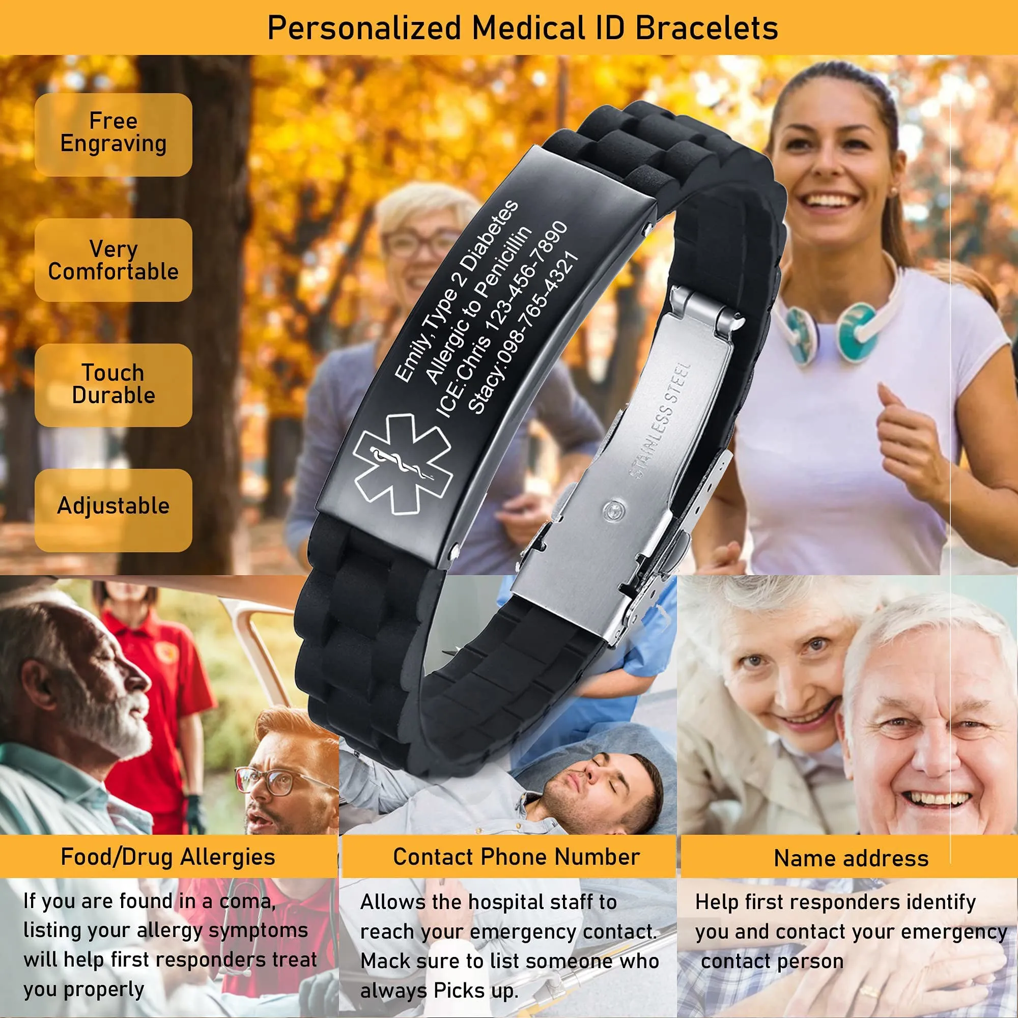 Vnox Bracciale di emergenza Bracciale personalizzato da uomo medico: Braccialetti identificativi personalizzati in silicone incisione Bracciale medico regolabile da uomo in acciaio inossidabile - immagine 2