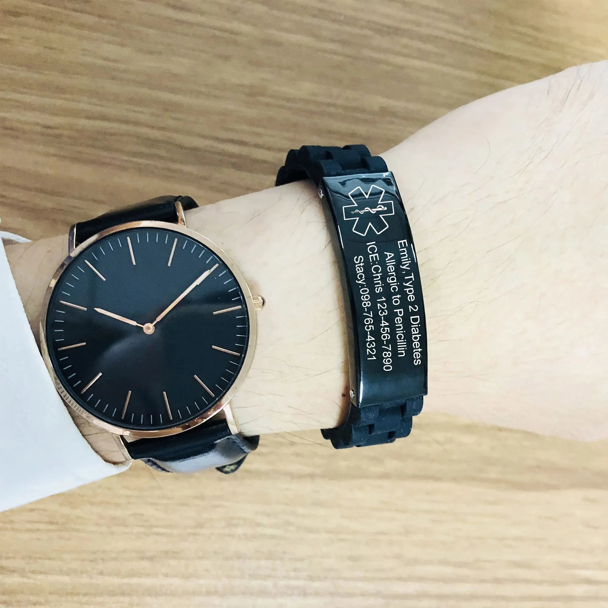 Vnox Bracciale di emergenza Bracciale personalizzato da uomo medico: Braccialetti identificativi personalizzati in silicone incisione Bracciale medico regolabile da uomo in acciaio inossidabile - immagine 3