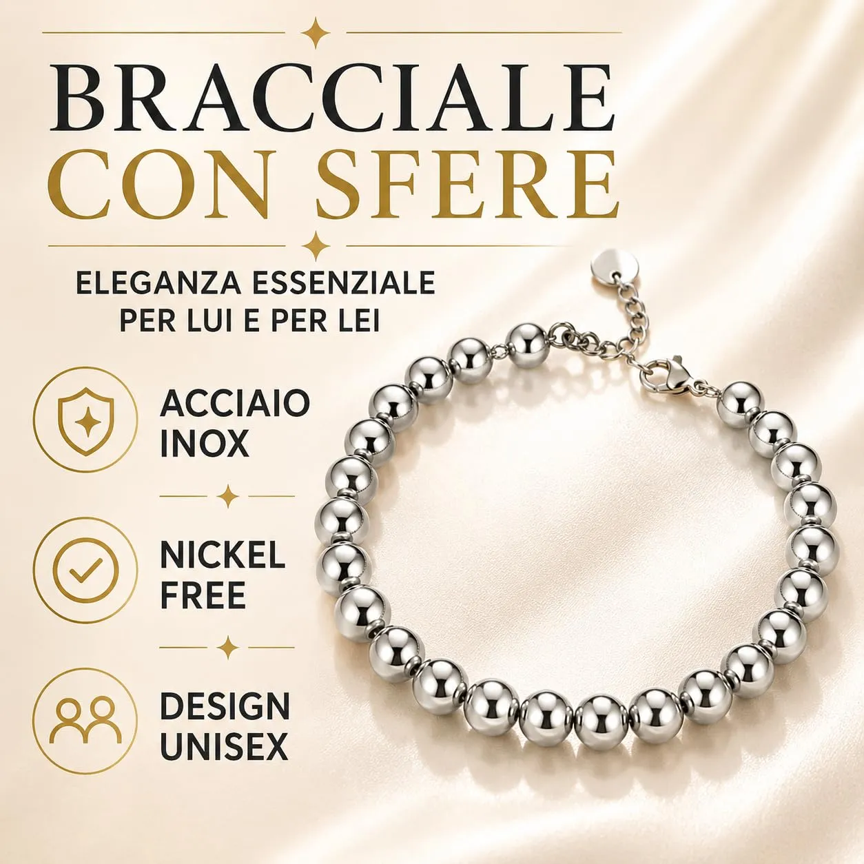 Donipreziosi Bracciale con Sfere in Acciaio Inossidabile Argentato – Braccialetto Regolabile Uomo Donna Unisex con Chiusura a Moschettone – Nickel Free con Scatola e Certificato - Sfere 4 mm - immagine 2