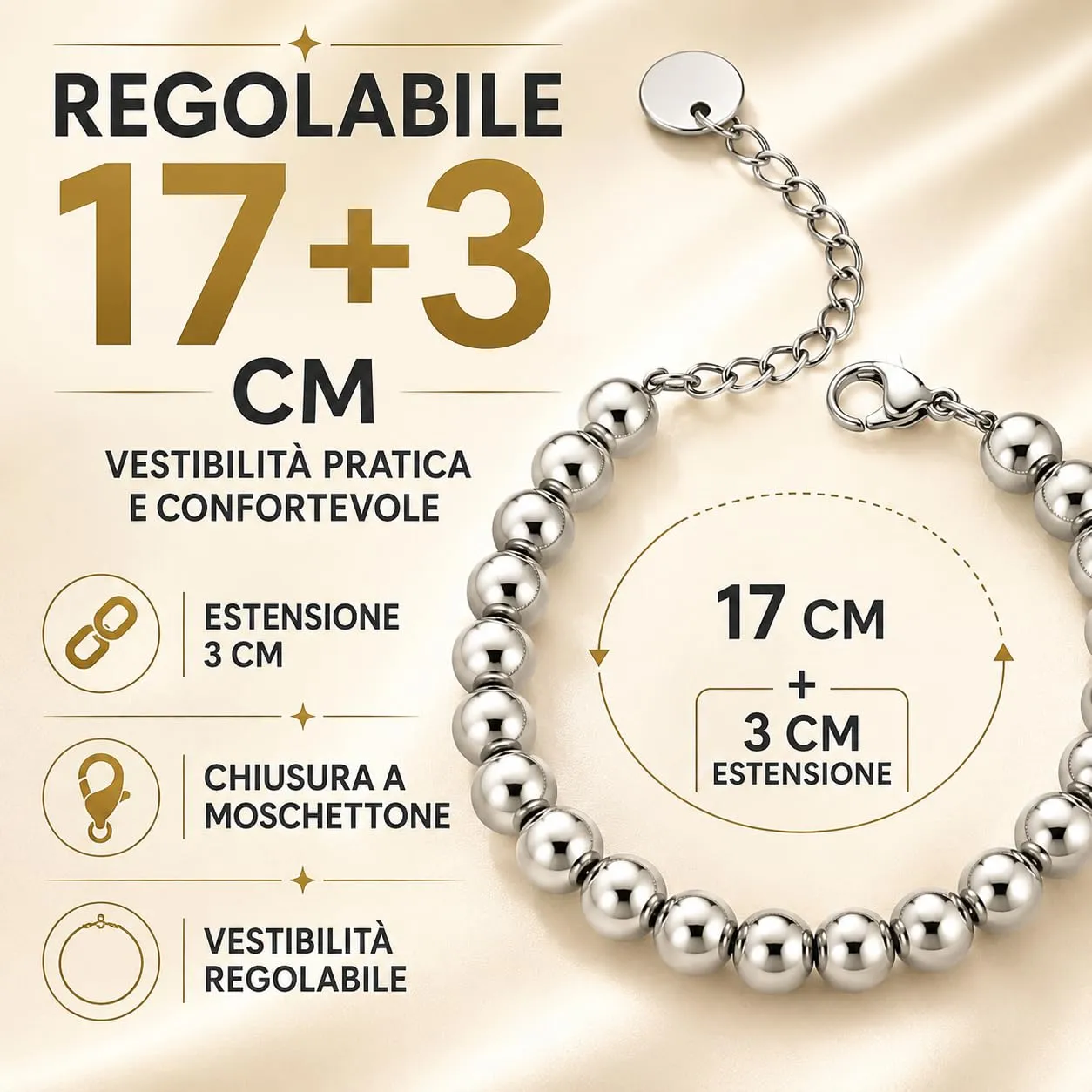 Donipreziosi Bracciale con Sfere in Acciaio Inossidabile Argentato – Braccialetto Regolabile Uomo Donna Unisex con Chiusura a Moschettone – Nickel Free con Scatola e Certificato - Sfere 4 mm - immagine 4