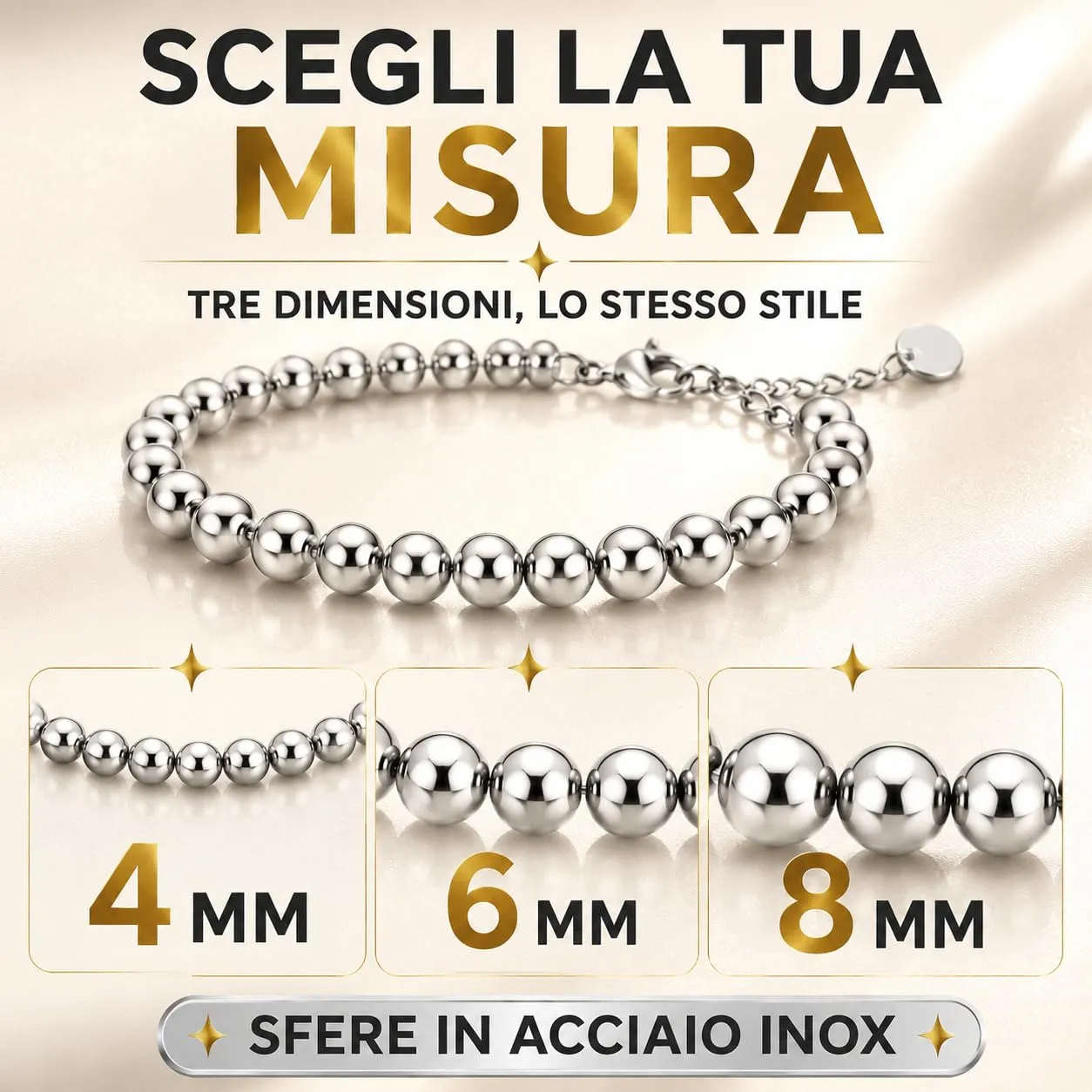 Donipreziosi Bracciale con Sfere in Acciaio Inossidabile Argentato – Braccialetto Regolabile Uomo Donna Unisex con Chiusura a Moschettone – Nickel Free con Scatola e Certificato - Sfere 6 mm - immagine 5