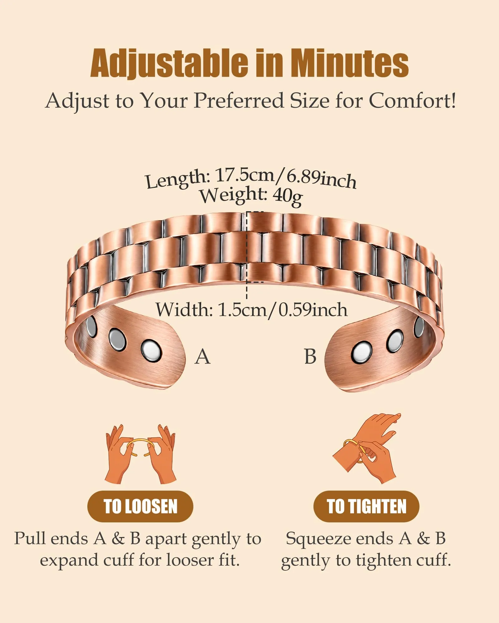 Jeracol Braccialetto magnetico in rame per donne e uomini - immagine 8