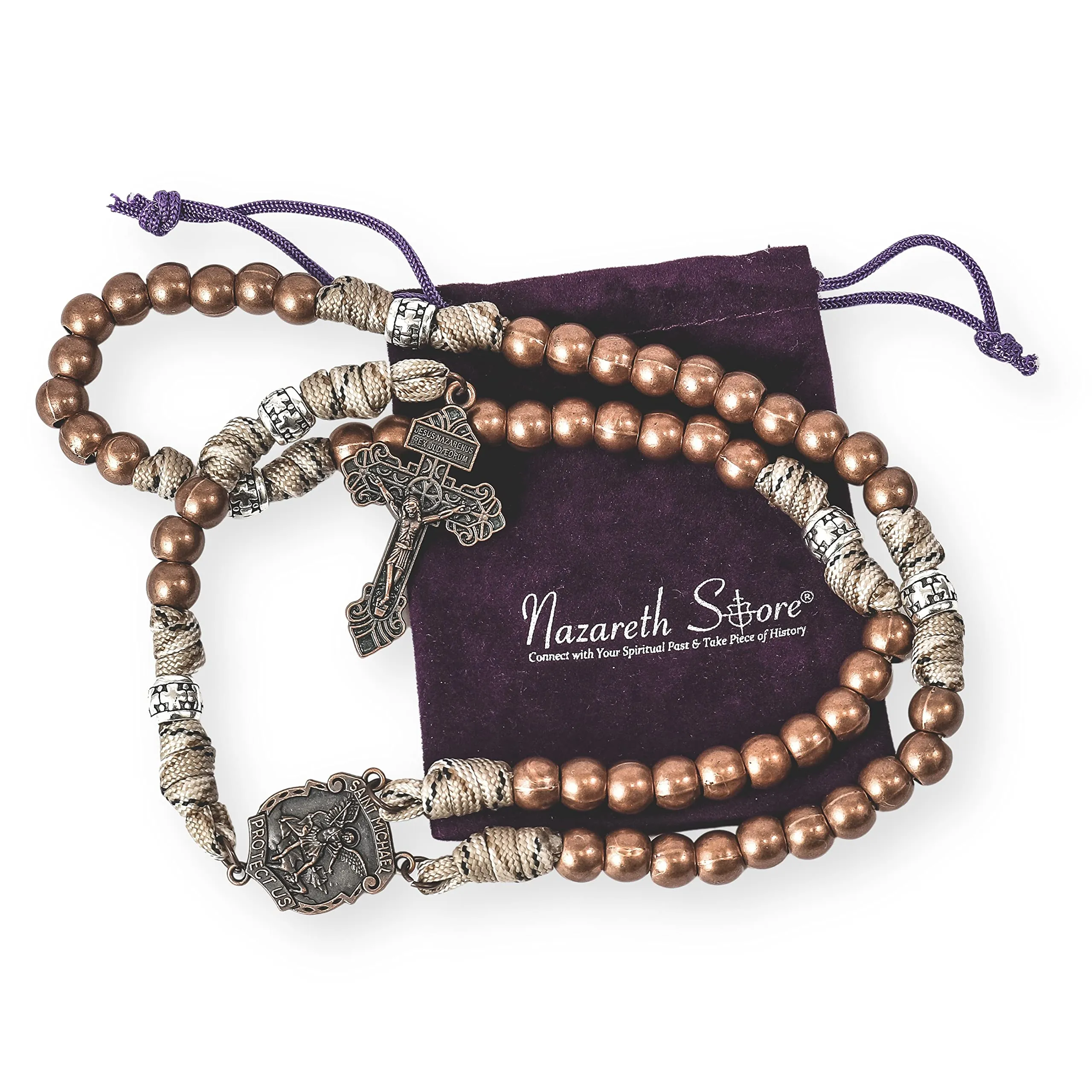 Nazareth Store Rosario in paracord di San Michele collana rosario robusta con cordoncino resistente e crocifisso cattolico del Perdono (Rame) - immagine 3