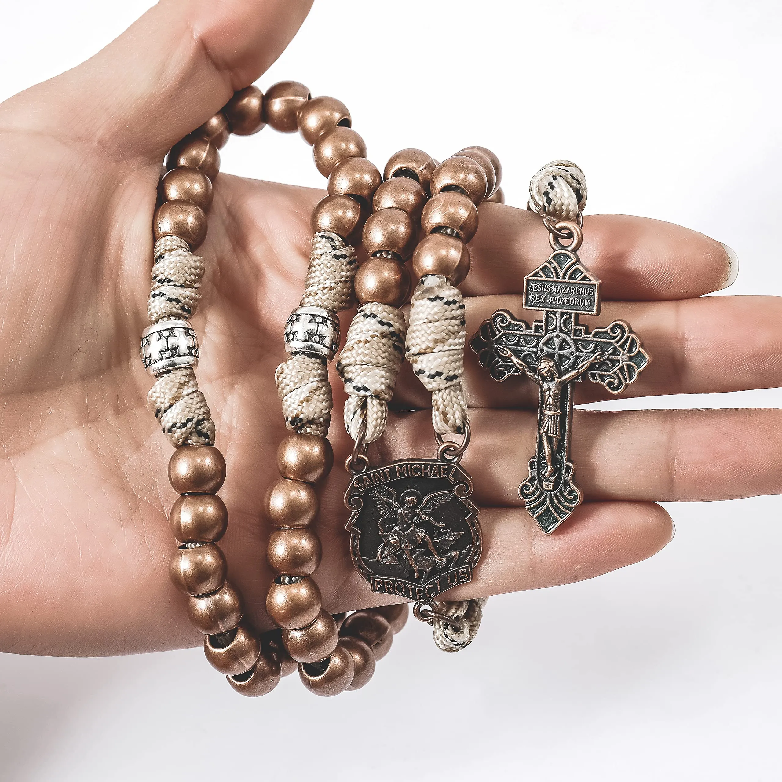 Nazareth Store Rosario in paracord di San Michele collana rosario robusta con cordoncino resistente e crocifisso cattolico del Perdono (Rame) - immagine 4