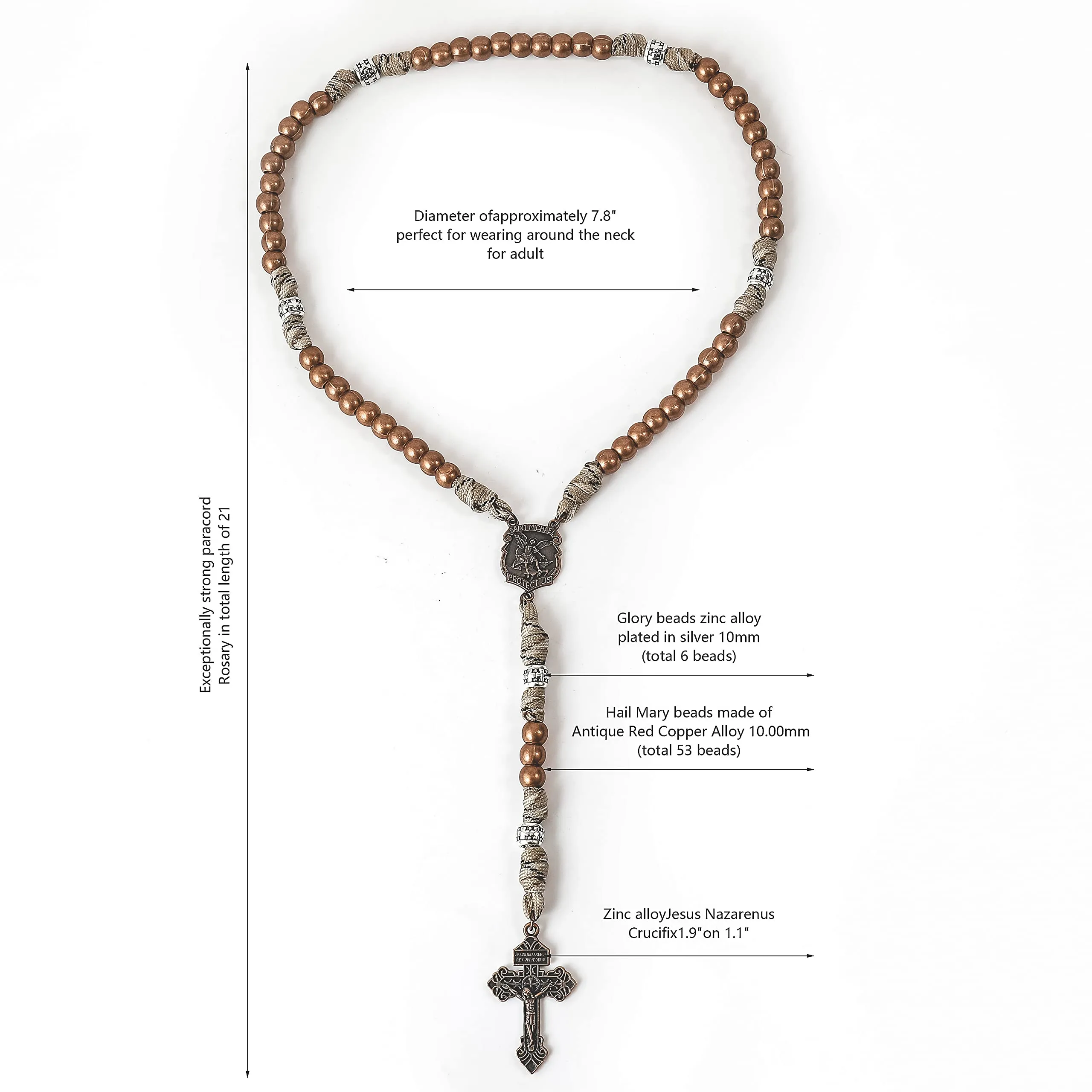Nazareth Store Rosario in paracord di San Michele collana rosario robusta con cordoncino resistente e crocifisso cattolico del Perdono (Rame) - immagine 5