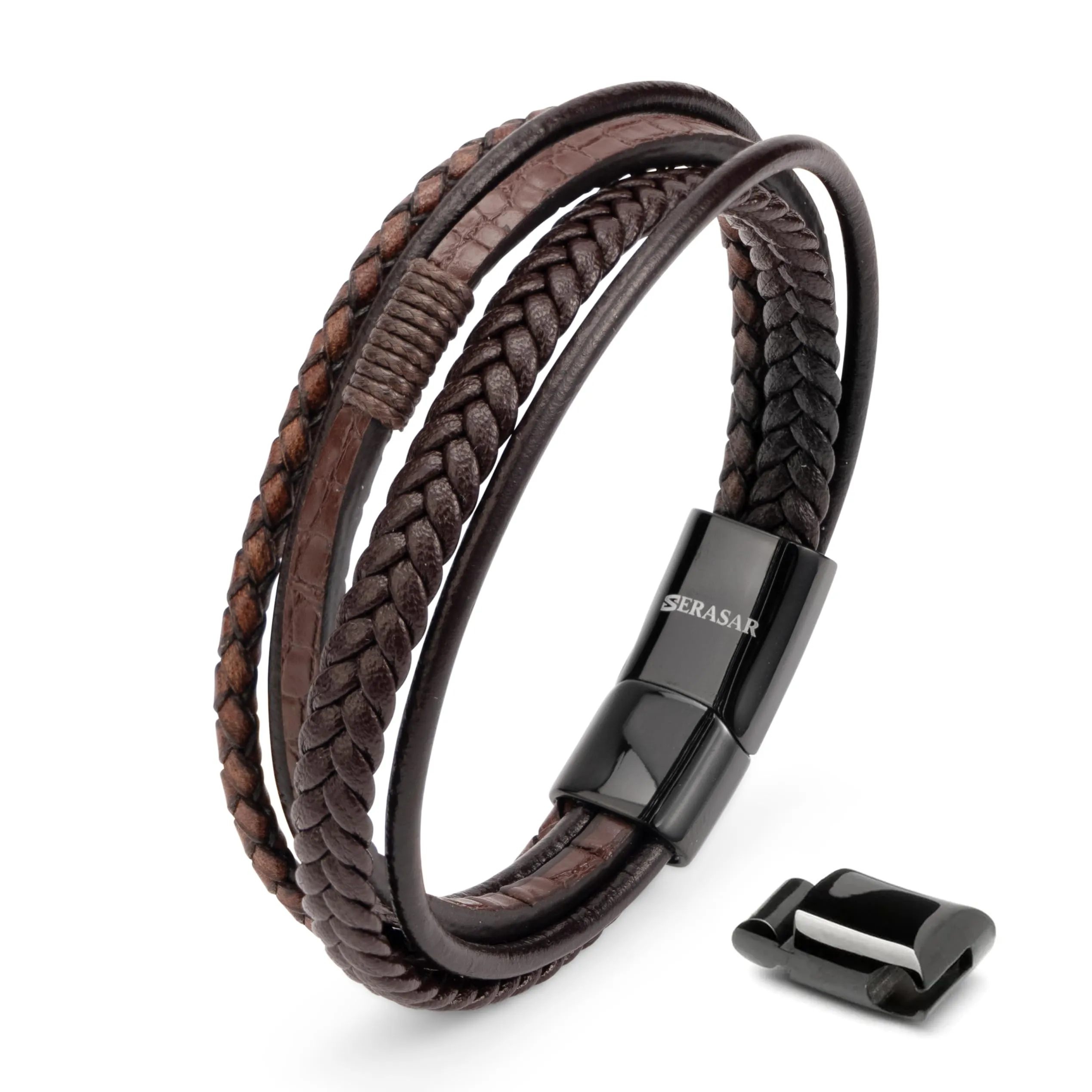 SERASAR Bracciale Uomo Cuoio Braccialetto Pelle Marrone Regalo Figlio 17cm - immagine 1