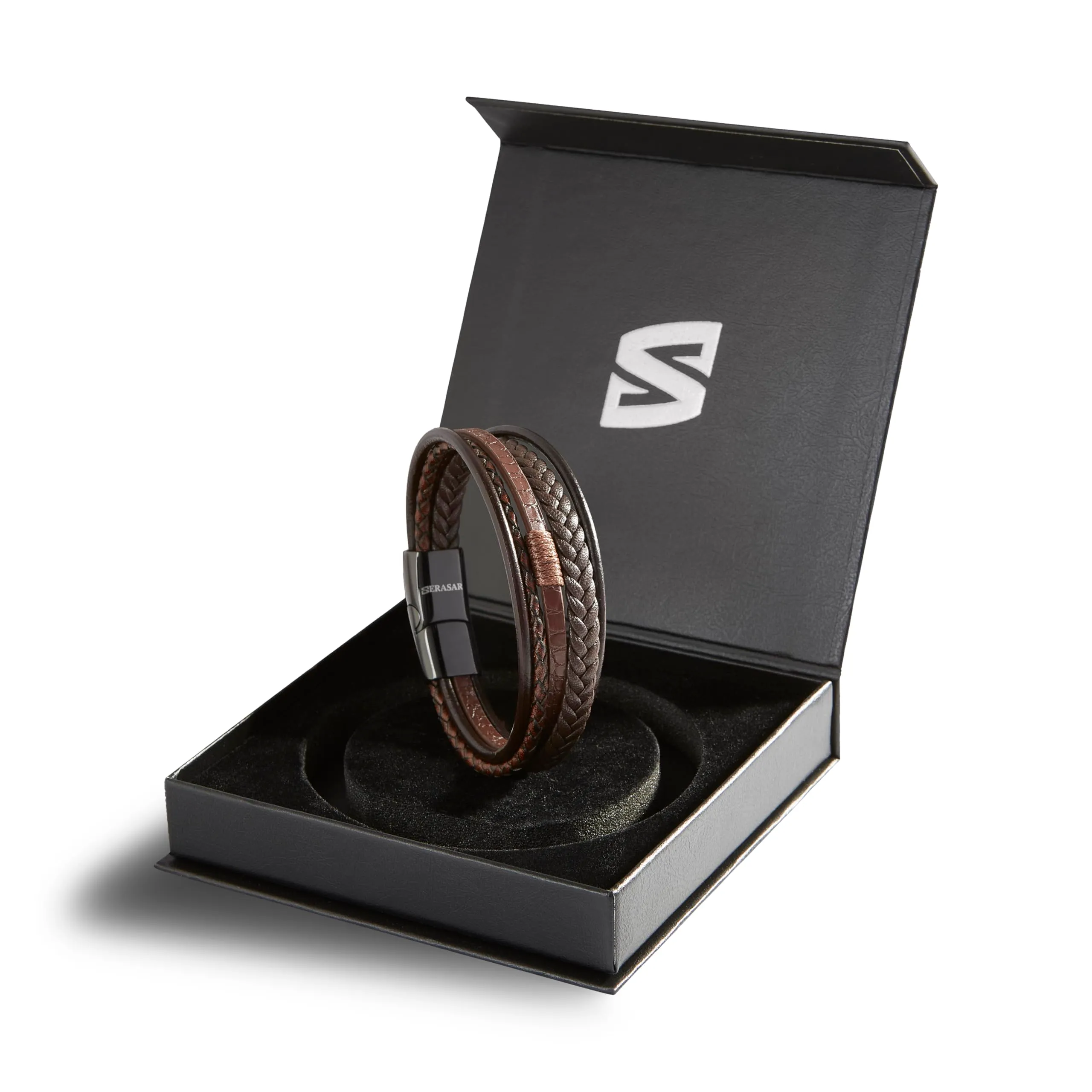 SERASAR Bracciale Uomo Cuoio Braccialetto Pelle Marrone Regalo Figlio 17cm - immagine 2
