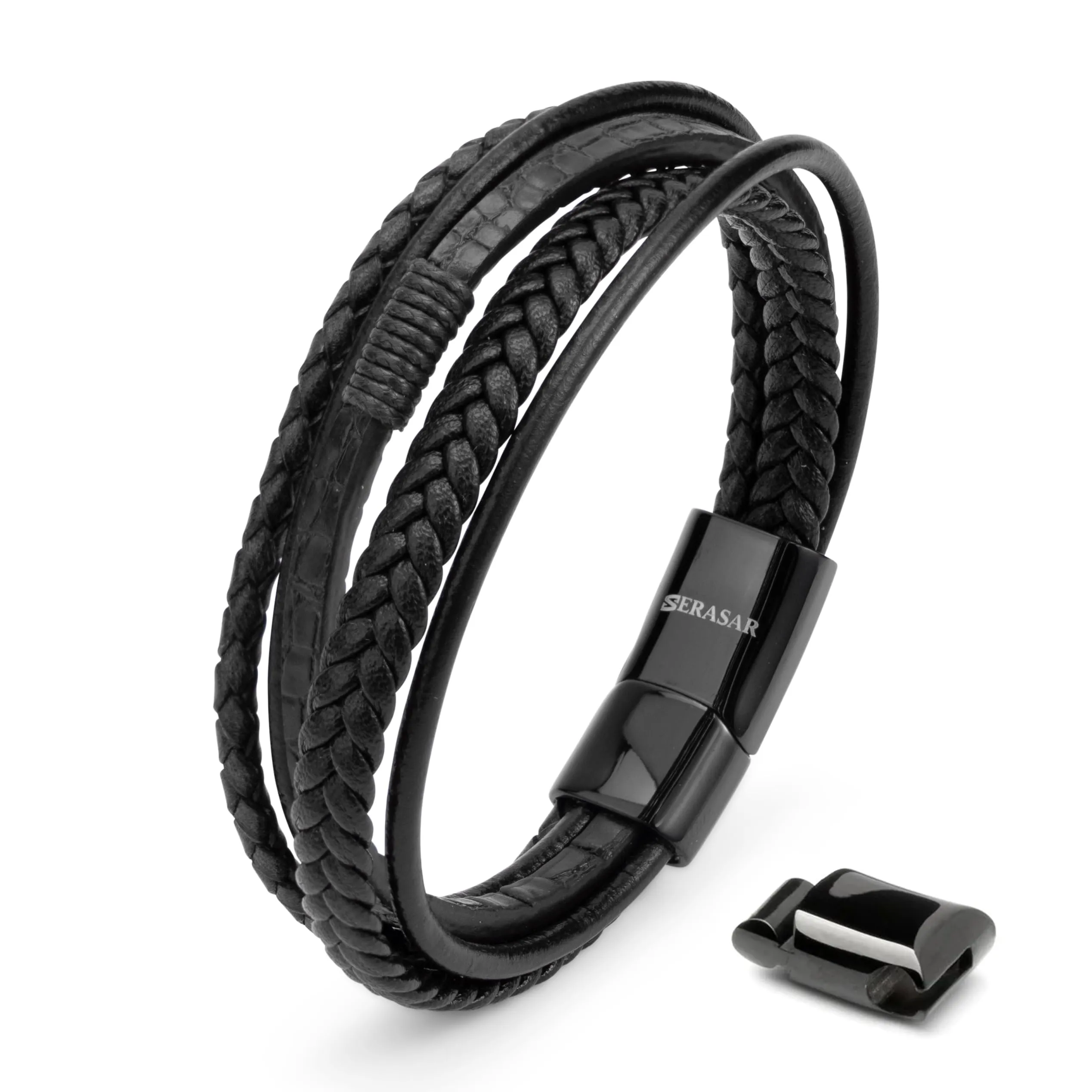 SERASAR Regalo per Uomo Bracciale Nero 17cm Braccialetto Pelle Cuoio Aggiustabile Regolabile Magnetico Bracciali Braccialetti Perline Bigiotteria Cinturino Braciale Bambino Men Bracelet Braciale Nere - immagine 1