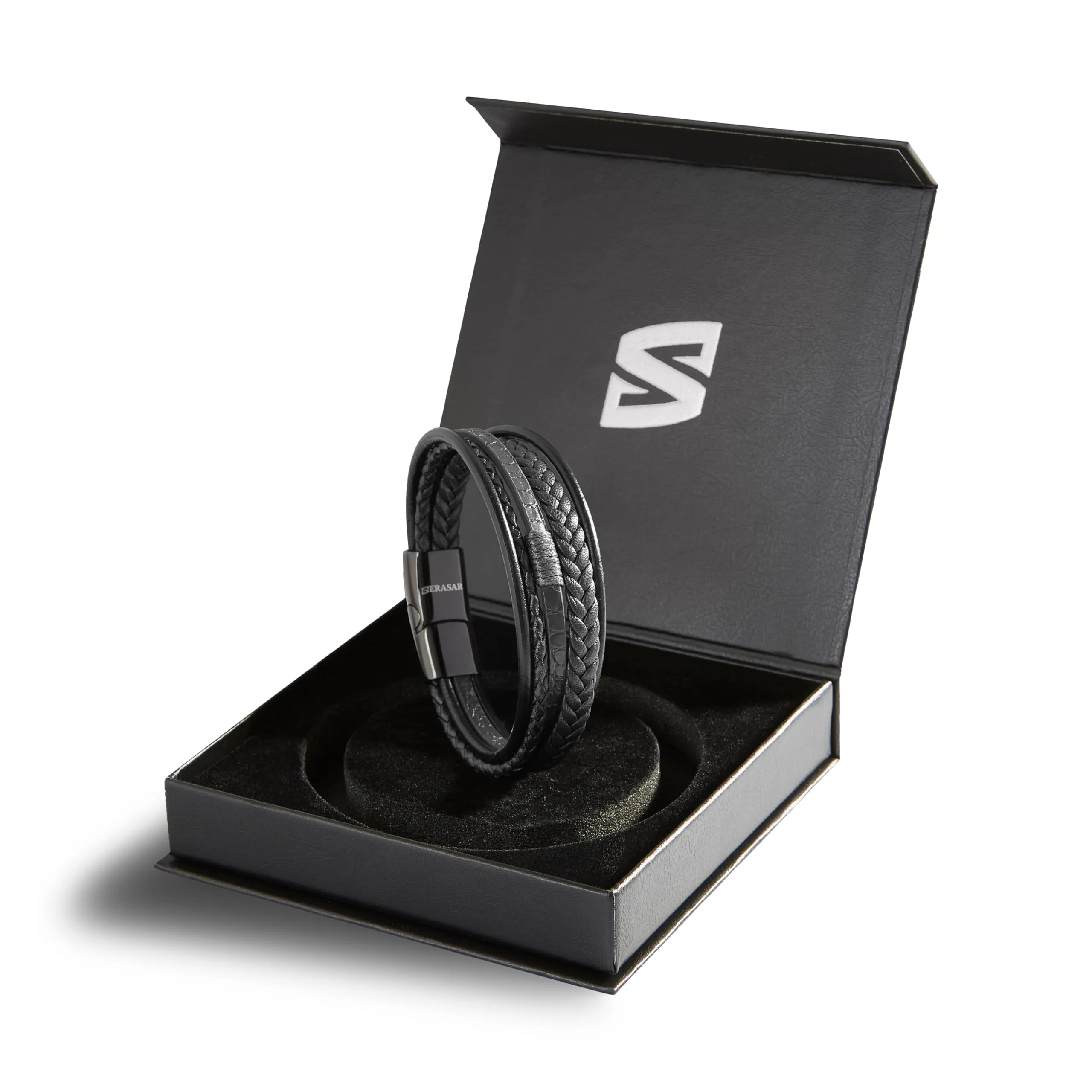 SERASAR Regalo per Uomo Bracciale Nero 17cm Braccialetto Pelle Cuoio Aggiustabile Regolabile Magnetico Bracciali Braccialetti Perline Bigiotteria Cinturino Braciale Bambino Men Bracelet Braciale Nere - immagine 2