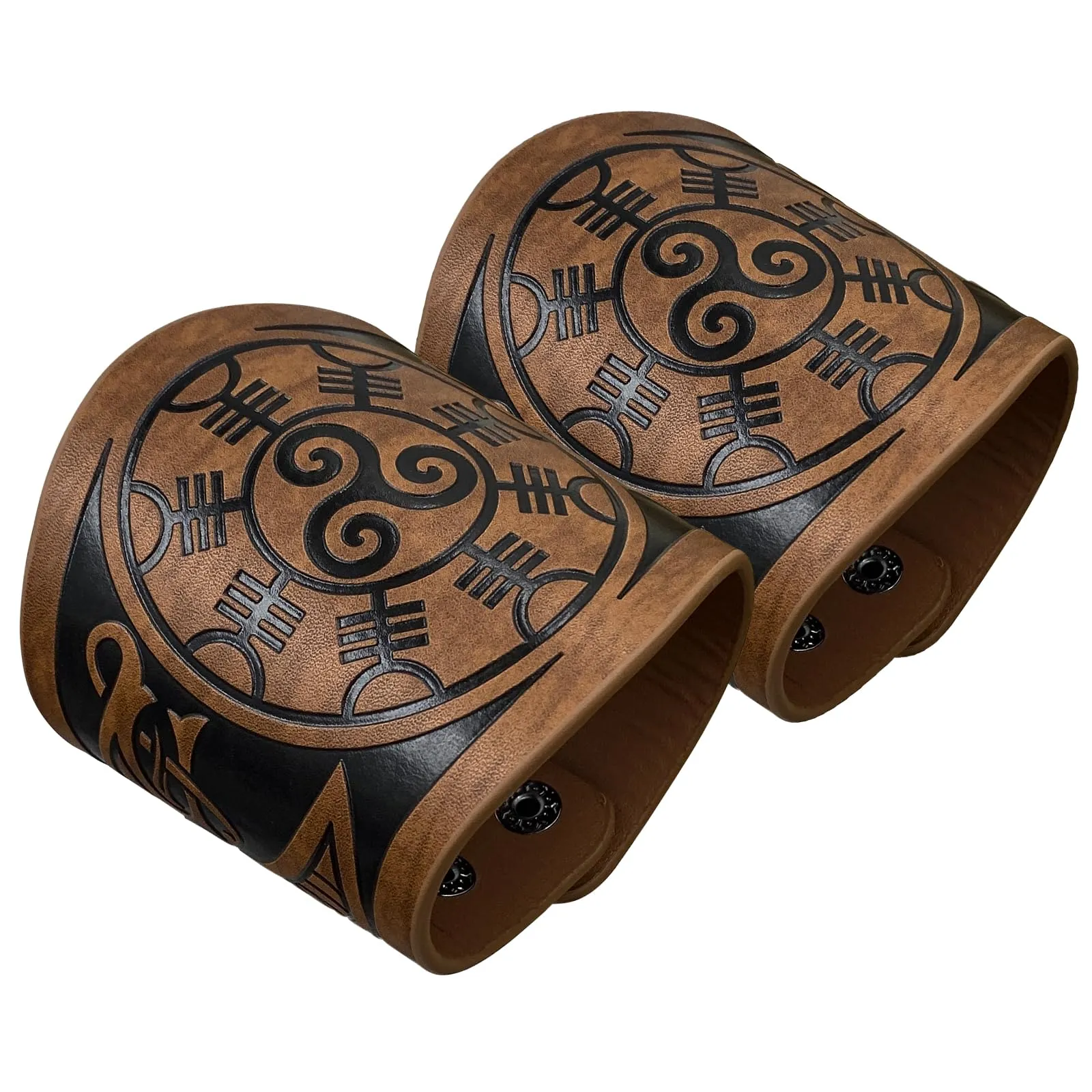 HiiFeuer Bracciale a 2 pezzi in cuoio sintetico con goffratura vichinga, Polsino retrò norreno, Bracciale nordico Mjolnir con motivo Vegvisir. (Vegvisir Marrone) - immagine 1