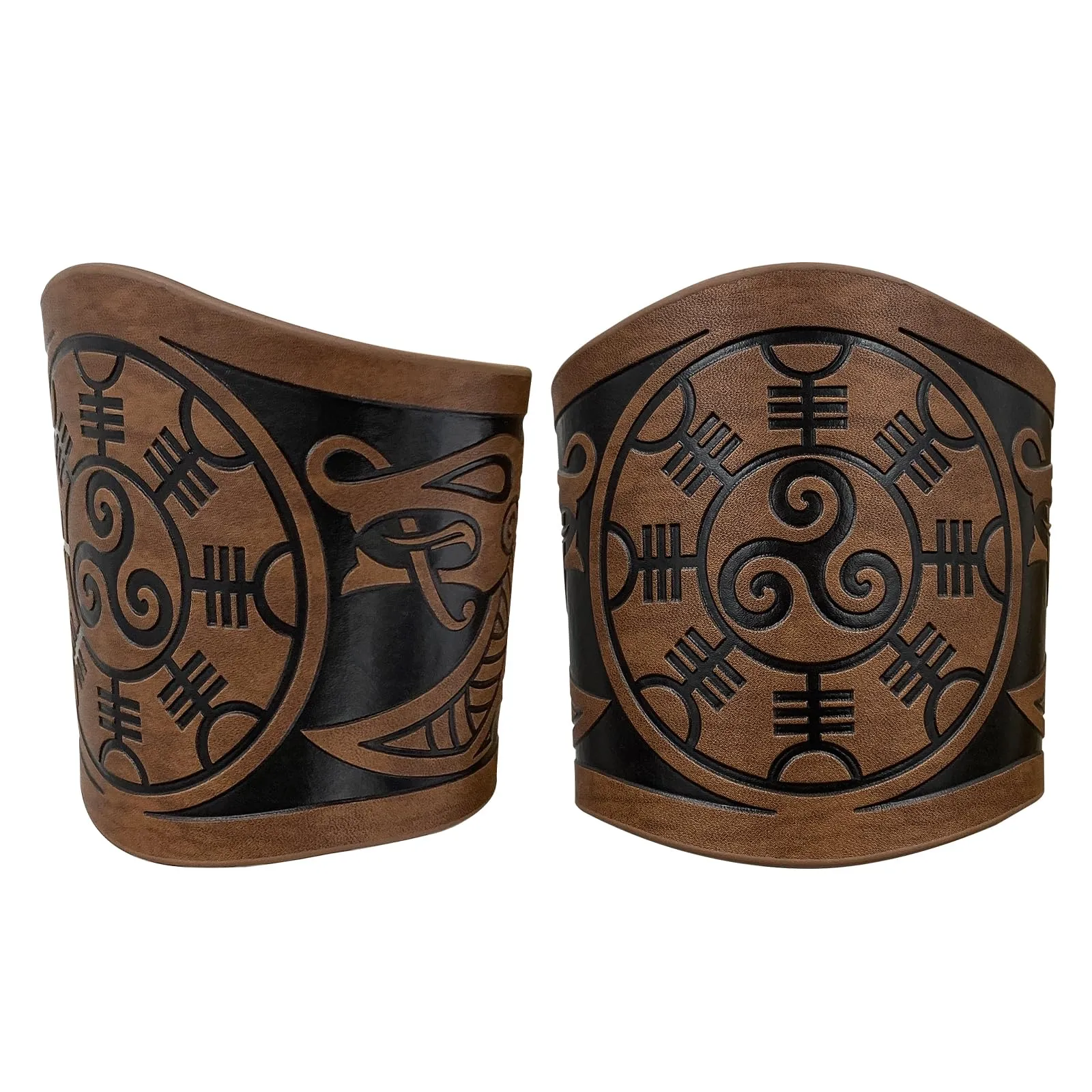 HiiFeuer Bracciale a 2 pezzi in cuoio sintetico con goffratura vichinga, Polsino retrò norreno, Bracciale nordico Mjolnir con motivo Vegvisir. (Vegvisir Marrone) - immagine 3