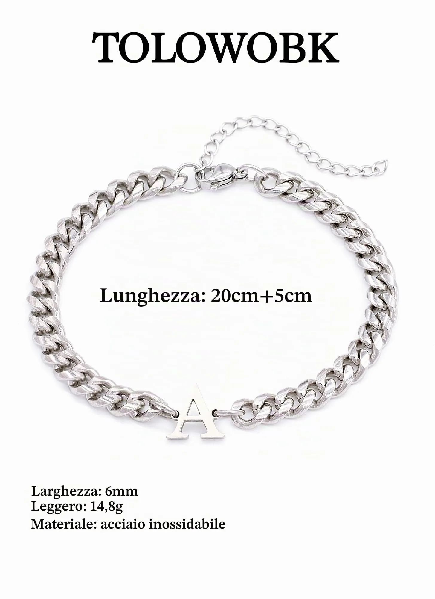 TOLOWOBK Bracciale con Iniziale A - Z, Argento Acciaio Bracciale Donna o Uomo con Nome Iniziale Braccialetto Regalo Natale per Papà Mamma Figlia Figlio Nonni Colleghe Coppia (M) - immagine 4