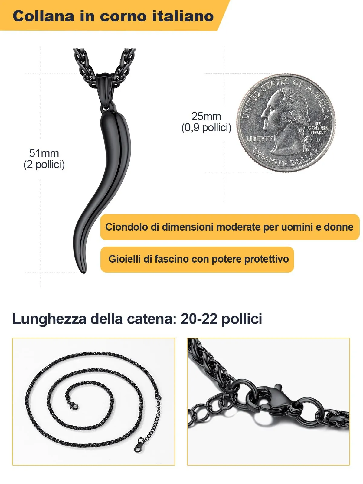 U7 Collana Uomo Portafortuna Corno Italiano Nero 51mm Acciaio Inossidabile - immagine 5