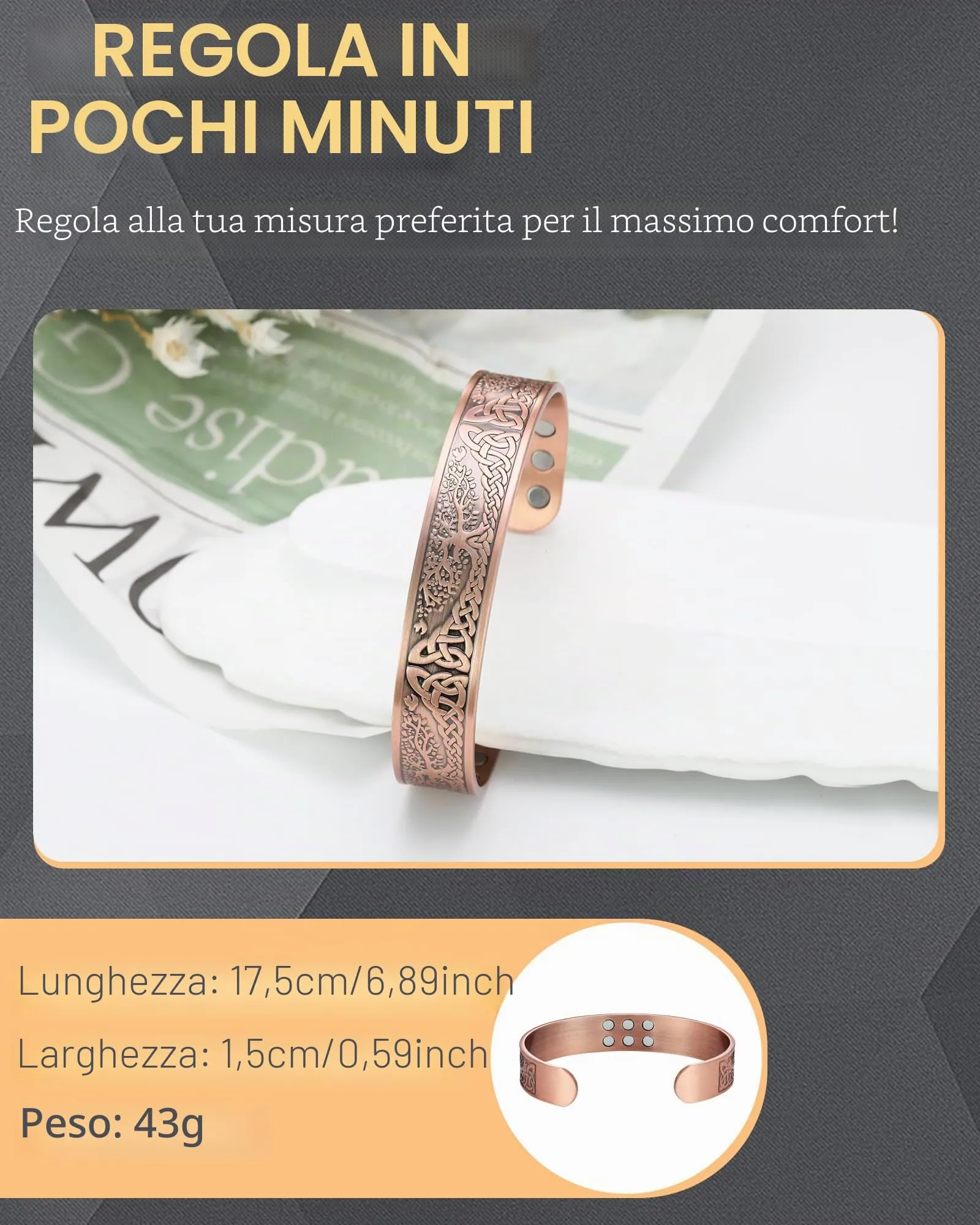 Jeracol Brazaletes - Braccialetti magnetici in rame, unisex, 100% rame massiccio, con potenti magneti (3500 Gauss) ciascuno, con confezione regalo Ajsust Tool&Jewelry (18X-TREE) - immagine 5