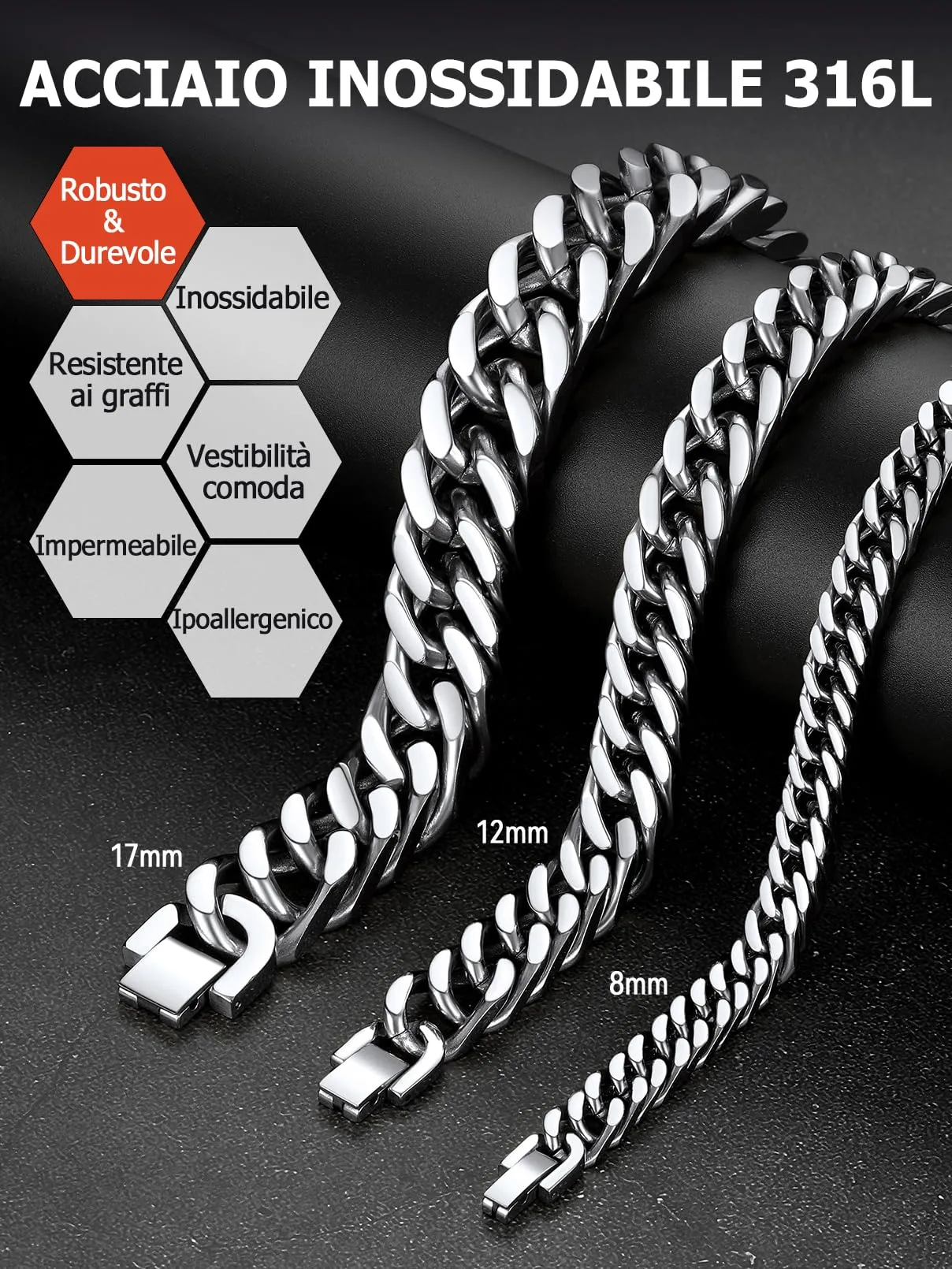 FaithHeart 8mm Bracciale Uomo Argento a Catena Cubana Classica Catena Densa Antiruggine e Antiallergico Levigato a Mano Lunghezza 19/21/23 cm - immagine 4